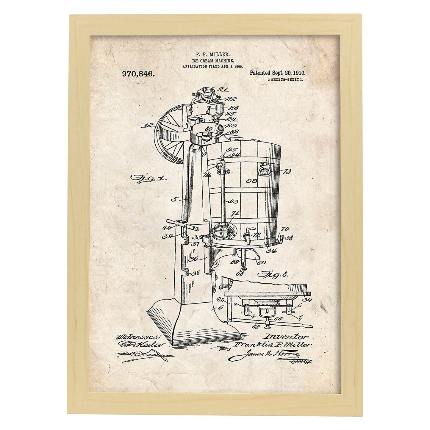 Poster con patente de Maquina de helados. Lámina con diseño de patente antigua.-Artwork-Nacnic-A4-Marco Madera clara-Nacnic Estudio SL