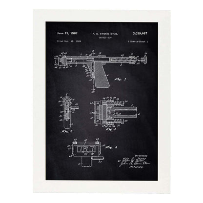 Poster con patente de Maquina de tatuajes 2. Lámina con diseño de patente antigua-Artwork-Nacnic-A4-Marco Blanco-Nacnic Estudio SL
