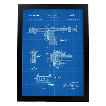 Poster con patente de Maquina de tatuajes 2. Lámina con diseño de patente antigua-Artwork-Nacnic-A4-Marco Negro-Nacnic Estudio SL