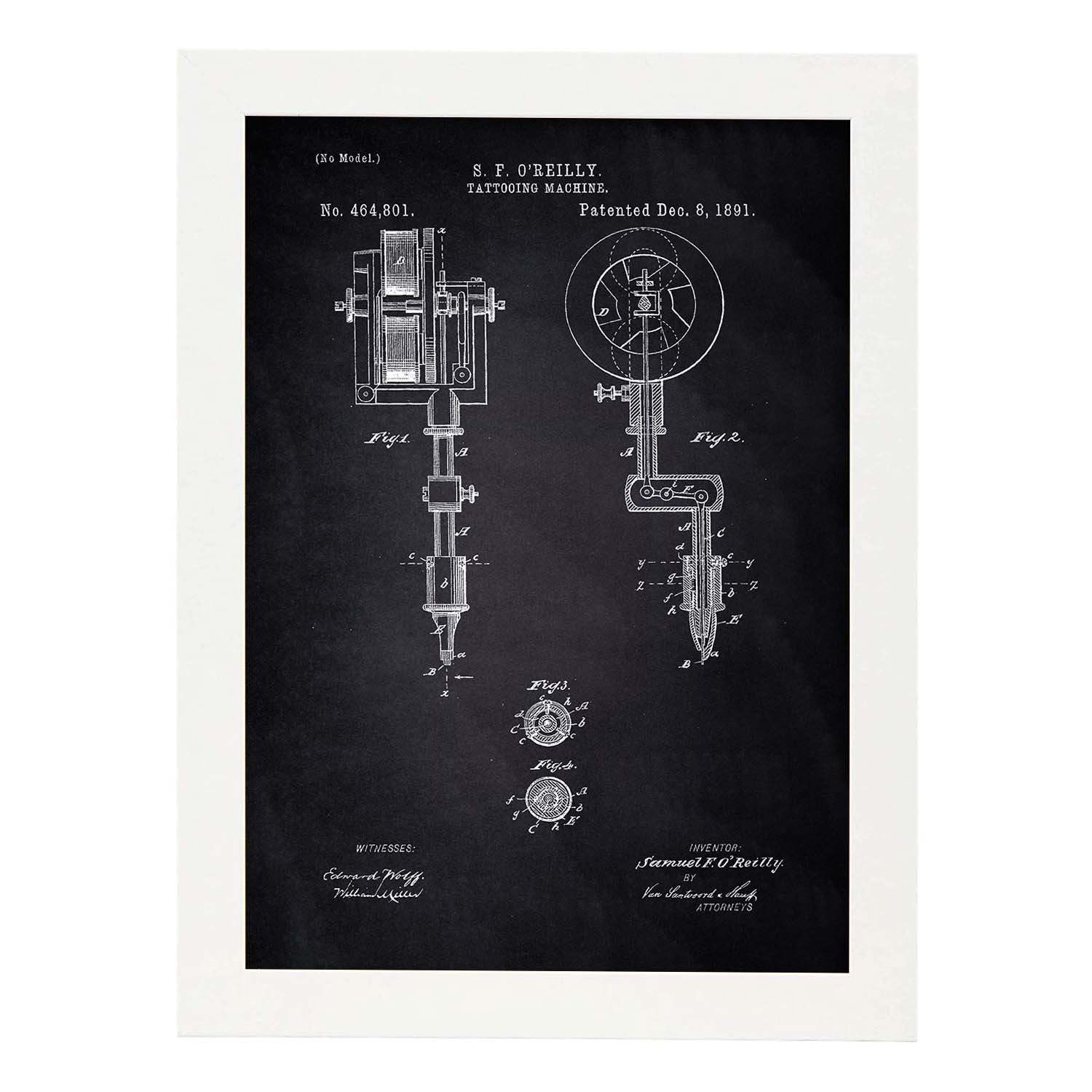 Poster con patente de Maquina de tatuajes. Lámina con diseño de patente antigua-Artwork-Nacnic-A3-Marco Blanco-Nacnic Estudio SL