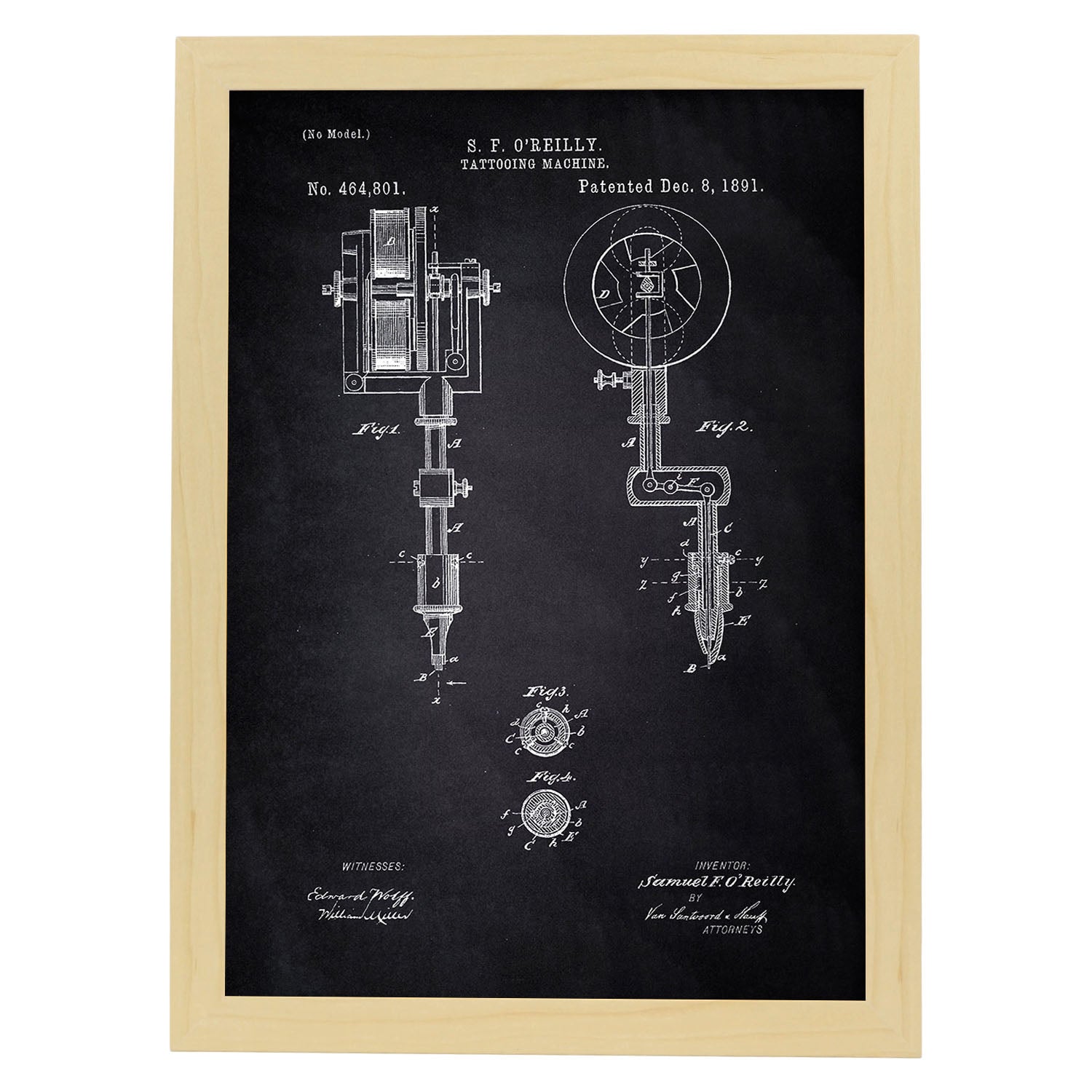Poster con patente de Maquina de tatuajes. Lámina con diseño de patente antigua-Artwork-Nacnic-A3-Marco Madera clara-Nacnic Estudio SL
