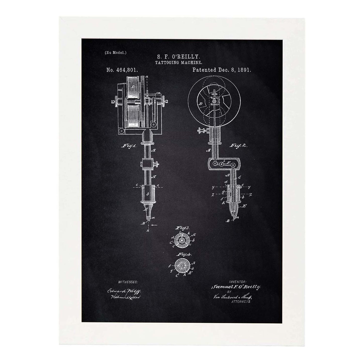 Poster con patente de Maquina de tatuajes. Lámina con diseño de patente antigua-Artwork-Nacnic-A4-Marco Blanco-Nacnic Estudio SL