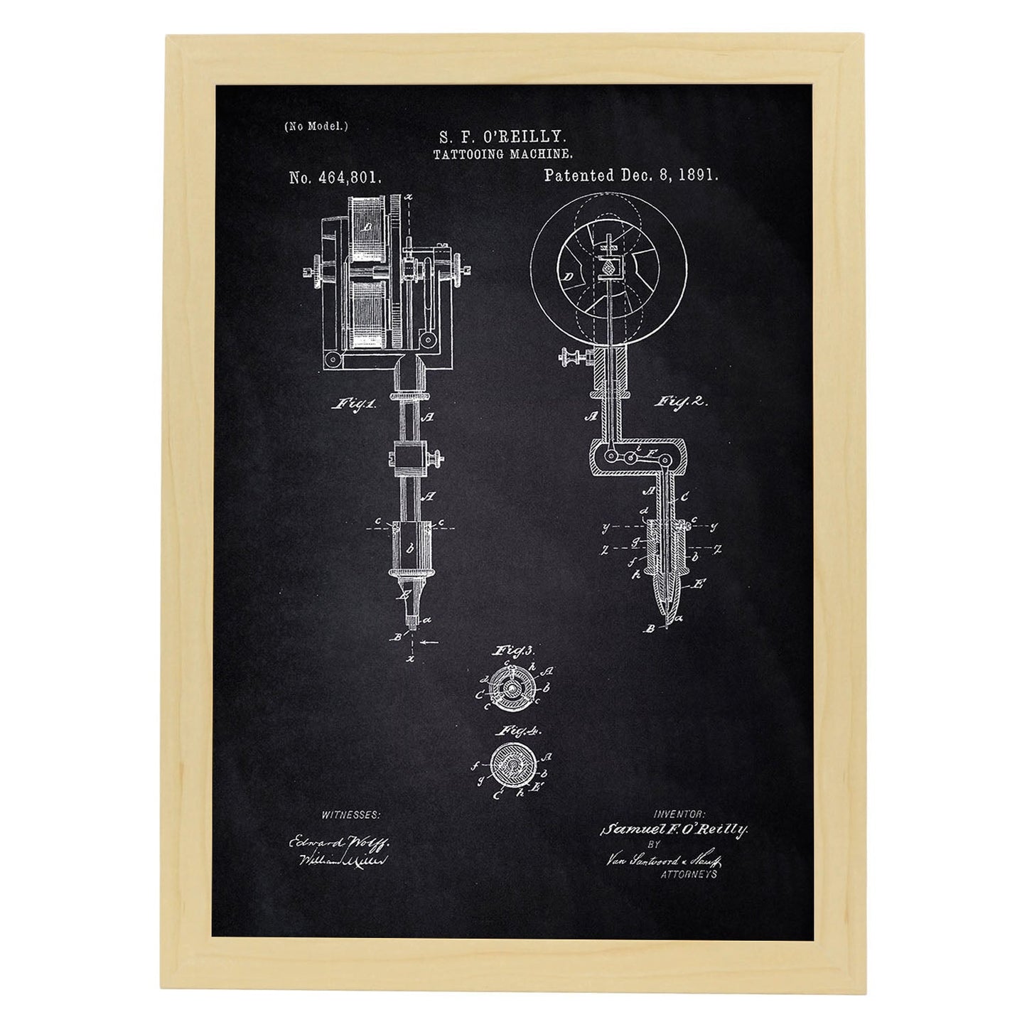 Poster con patente de Maquina de tatuajes. Lámina con diseño de patente antigua-Artwork-Nacnic-A4-Marco Madera clara-Nacnic Estudio SL