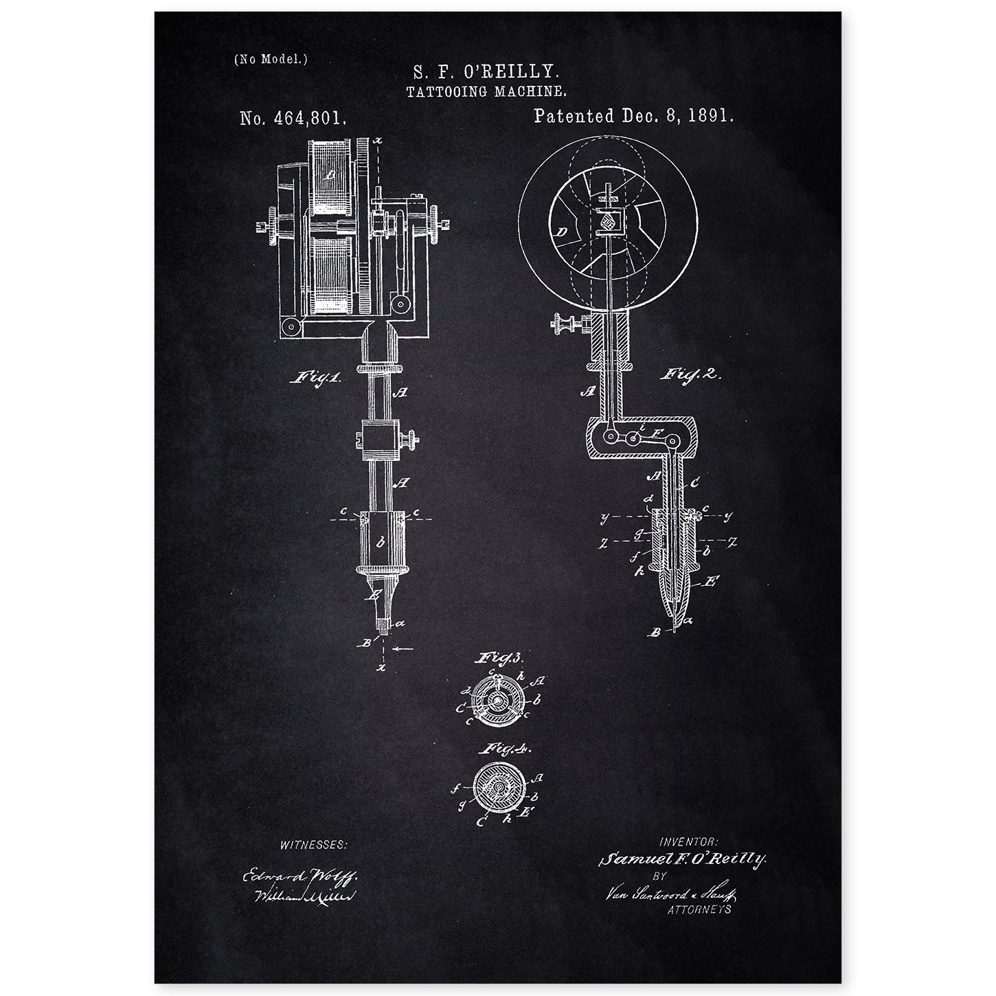 Poster con patente de Maquina de tatuajes. Lámina con diseño de patente antigua-Artwork-Nacnic-A4-Sin marco-Nacnic Estudio SL