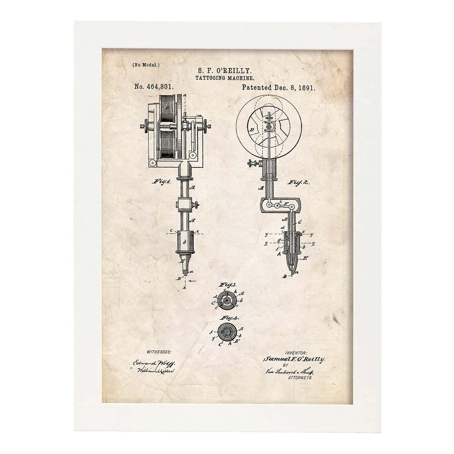Poster con patente de Maquina de tatuajes. Lámina con diseño de patente antigua.-Artwork-Nacnic-A3-Marco Blanco-Nacnic Estudio SL