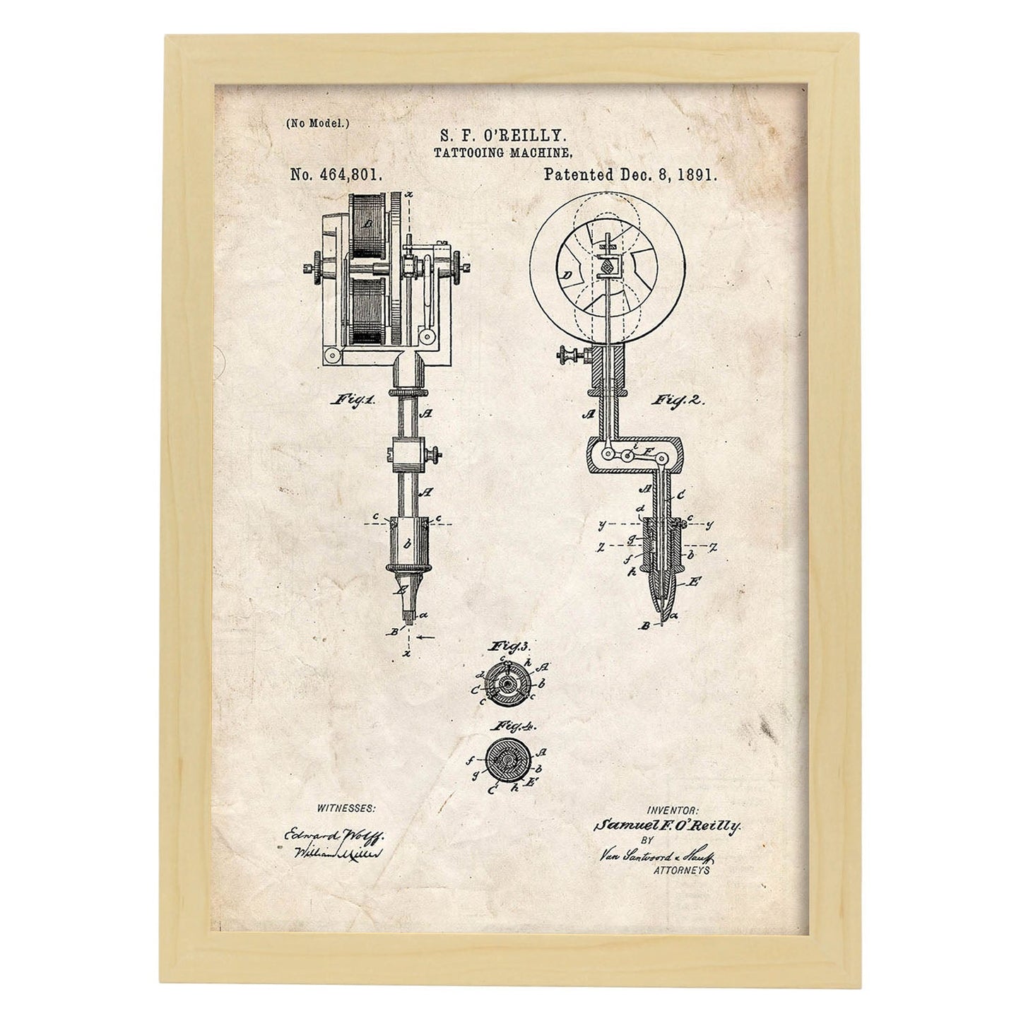 Poster con patente de Maquina de tatuajes. Lámina con diseño de patente antigua.-Artwork-Nacnic-A3-Marco Madera clara-Nacnic Estudio SL