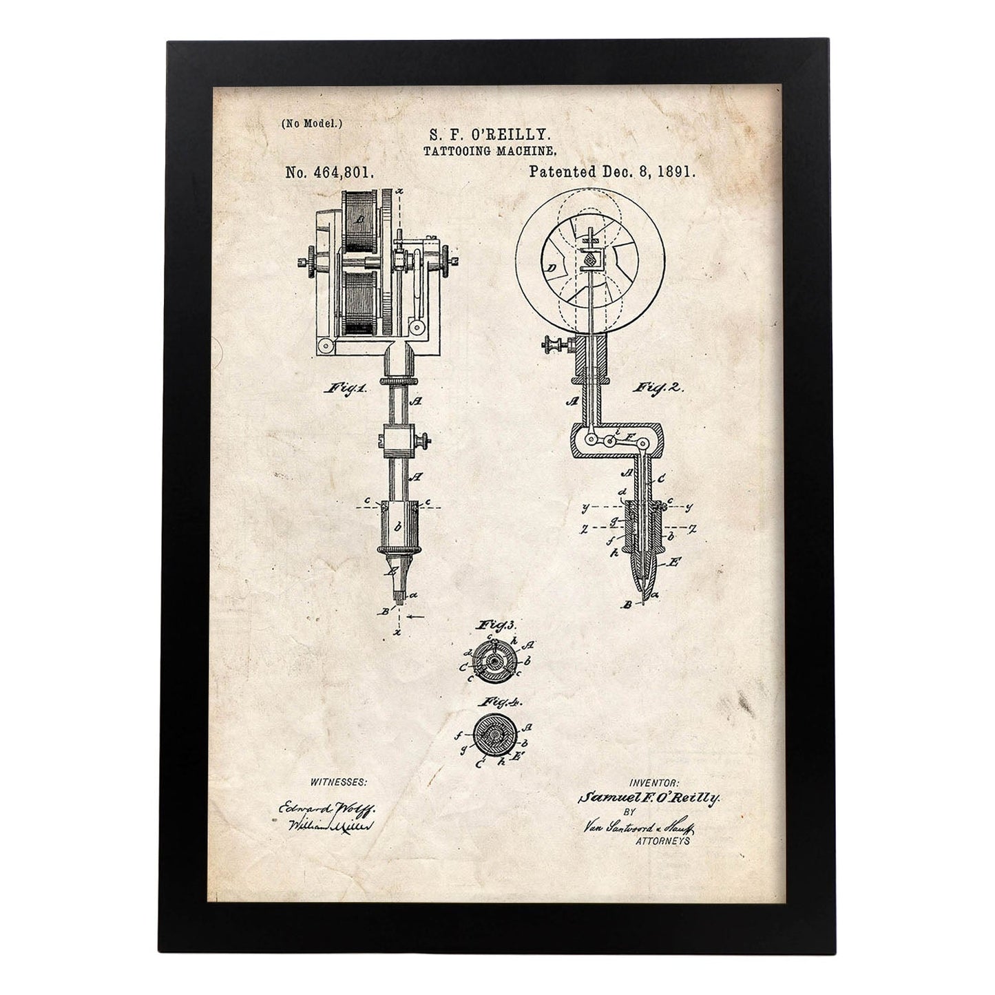 Poster con patente de Maquina de tatuajes. Lámina con diseño de patente antigua.-Artwork-Nacnic-A3-Marco Negro-Nacnic Estudio SL