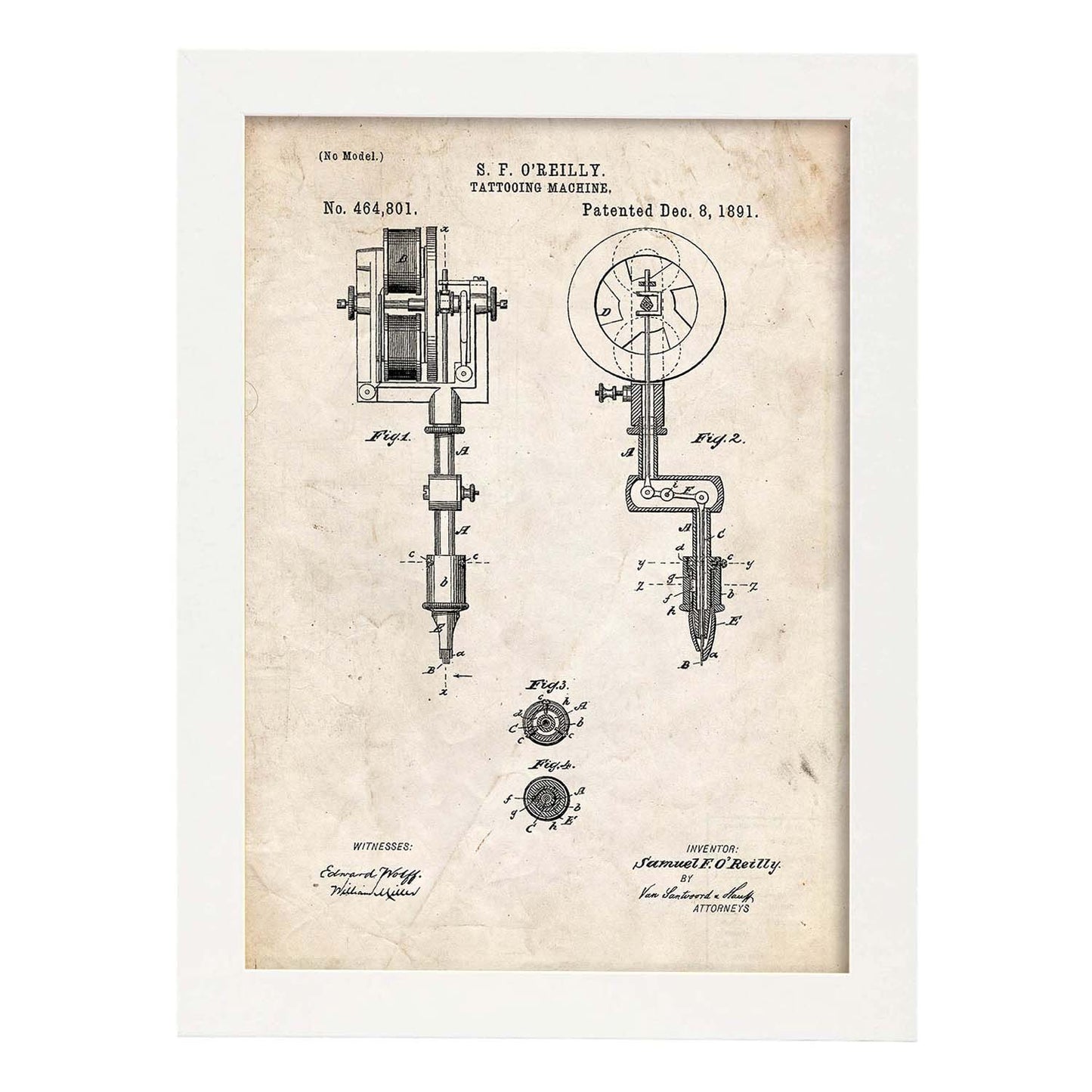 Poster con patente de Maquina de tatuajes. Lámina con diseño de patente antigua.-Artwork-Nacnic-A4-Marco Blanco-Nacnic Estudio SL