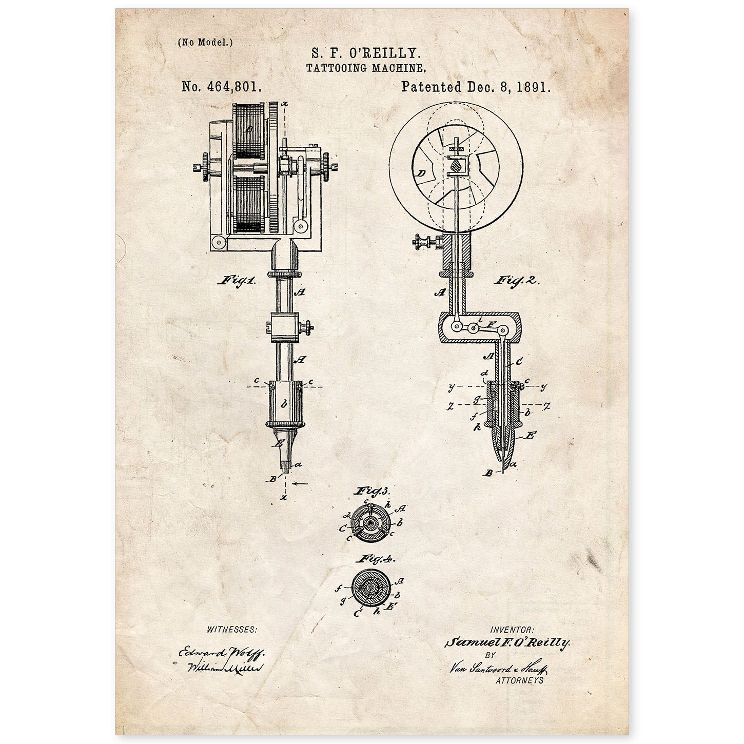 Poster con patente de Maquina de tatuajes. Lámina con diseño de patente antigua.-Artwork-Nacnic-A4-Sin marco-Nacnic Estudio SL