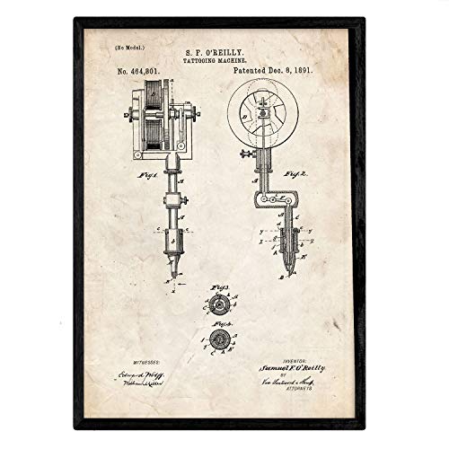 Poster con patente de Maquina de tatuajes. Lámina con diseño de patente antigua.-Artwork-Nacnic-Nacnic Estudio SL