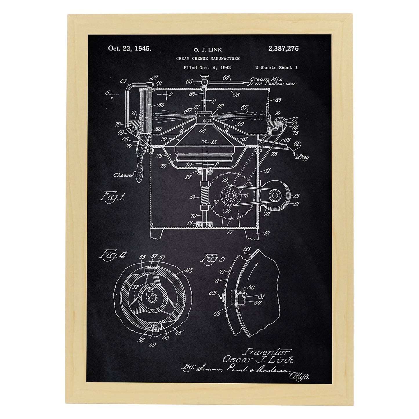 Poster con patente de Maquina para crema de queso. Lámina con diseño de patente antigua-Artwork-Nacnic-A3-Marco Madera clara-Nacnic Estudio SL