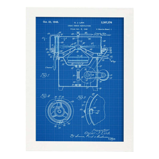 Poster con patente de Maquina para crema de queso. Lámina con diseño de patente antigua-Artwork-Nacnic-A4-Marco Blanco-Nacnic Estudio SL