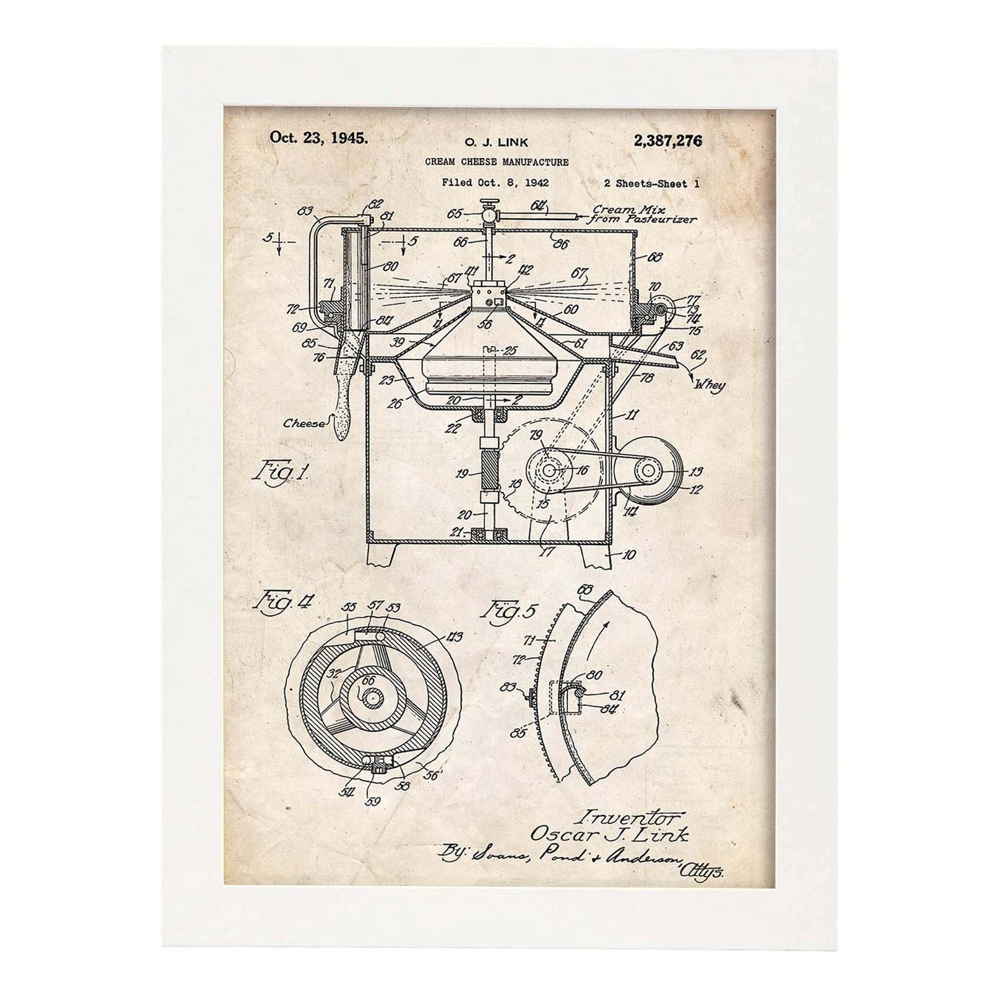 Poster con patente de Maquina para crema de queso. Lámina con diseño de patente antigua.-Artwork-Nacnic-A3-Marco Blanco-Nacnic Estudio SL