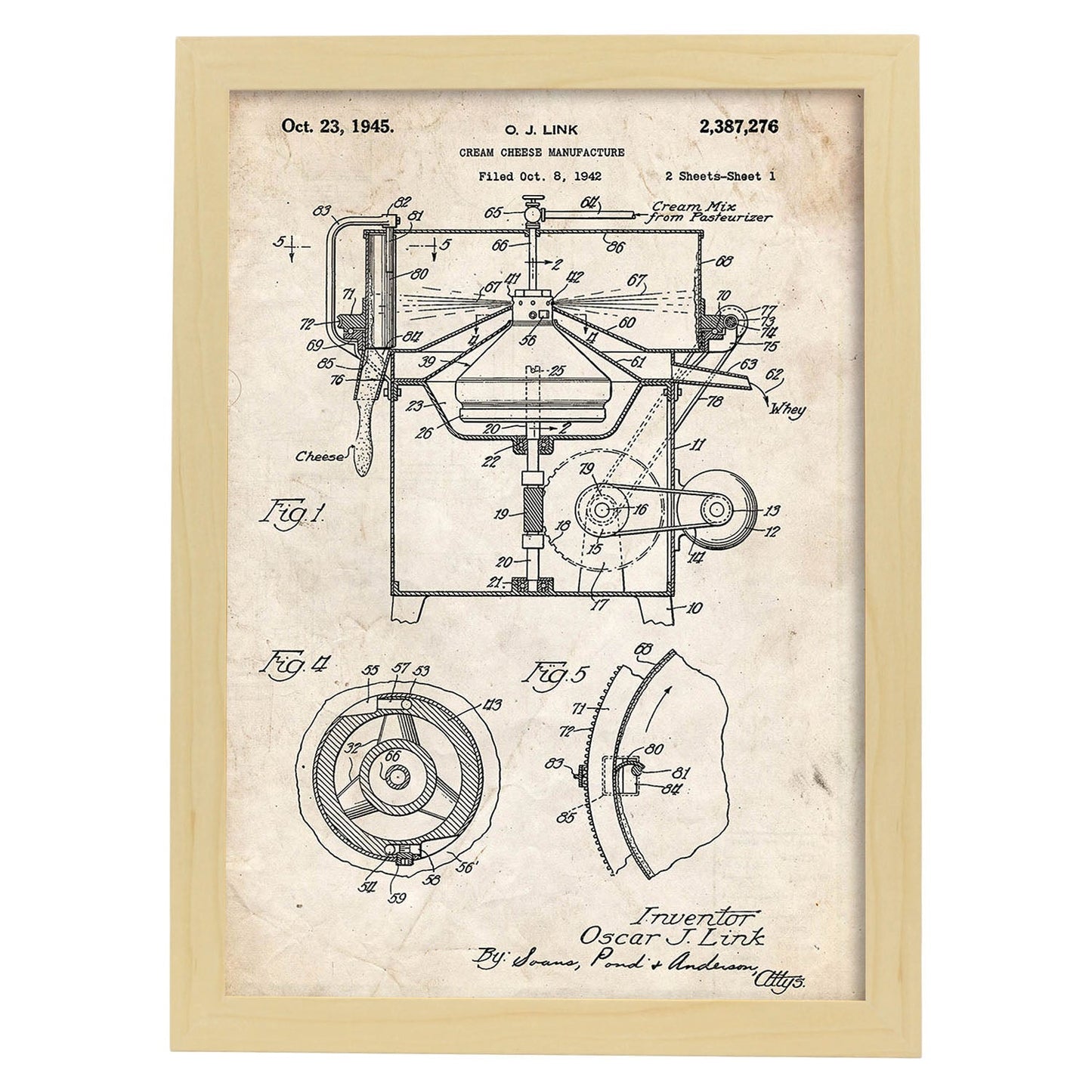 Poster con patente de Maquina para crema de queso. Lámina con diseño de patente antigua.-Artwork-Nacnic-A3-Marco Madera clara-Nacnic Estudio SL