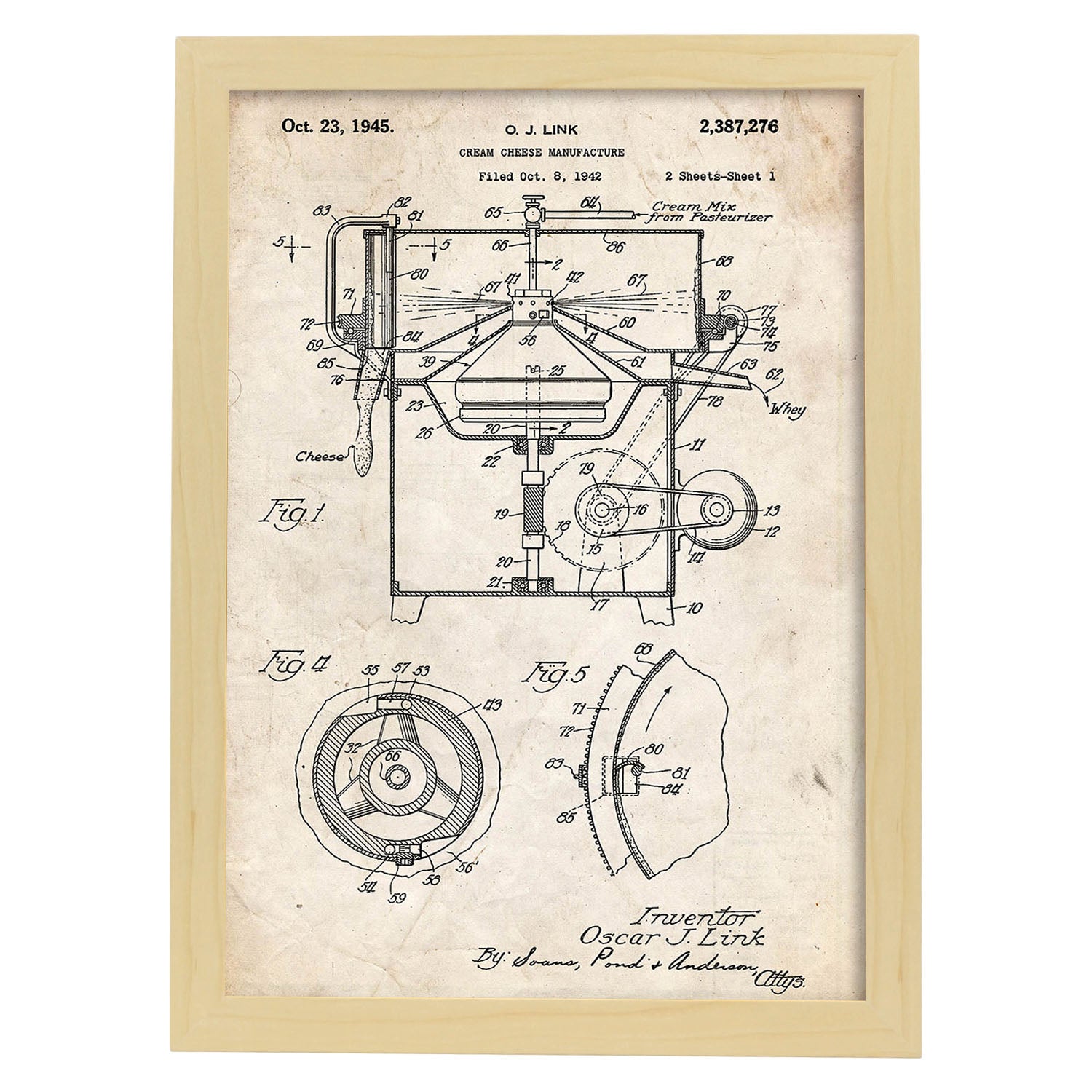 Poster con patente de Maquina para crema de queso. Lámina con diseño de patente antigua.-Artwork-Nacnic-A3-Marco Madera clara-Nacnic Estudio SL