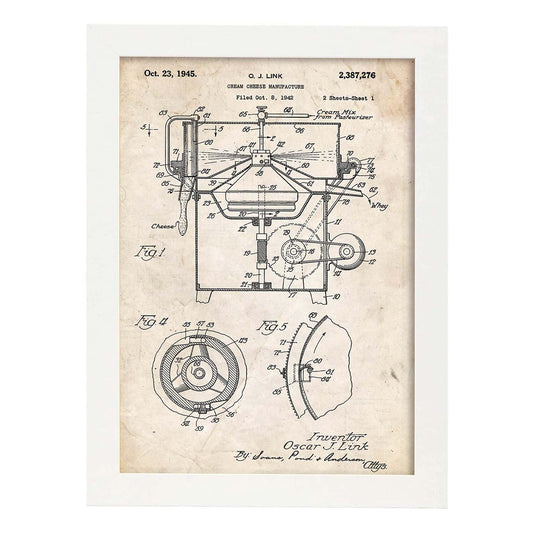 Poster con patente de Maquina para crema de queso. Lámina con diseño de patente antigua.-Artwork-Nacnic-A4-Marco Blanco-Nacnic Estudio SL