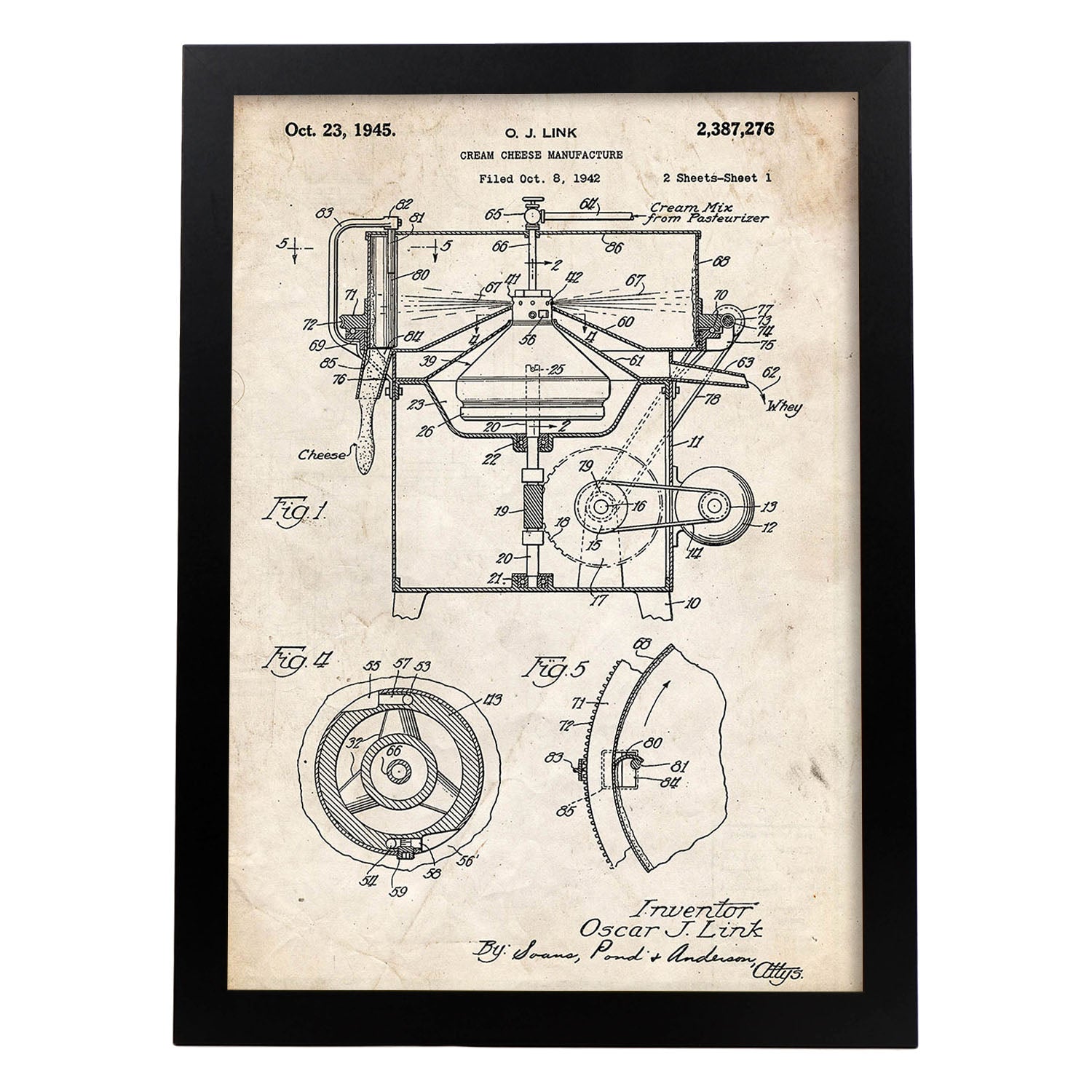 Poster con patente de Maquina para crema de queso. Lámina con diseño de patente antigua.-Artwork-Nacnic-A4-Marco Negro-Nacnic Estudio SL