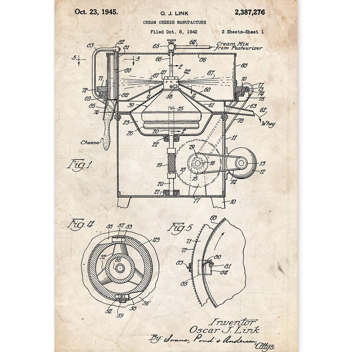 Poster con patente de Maquina para crema de queso. Lámina con diseño de patente antigua.-Artwork-Nacnic-A4-Sin marco-Nacnic Estudio SL