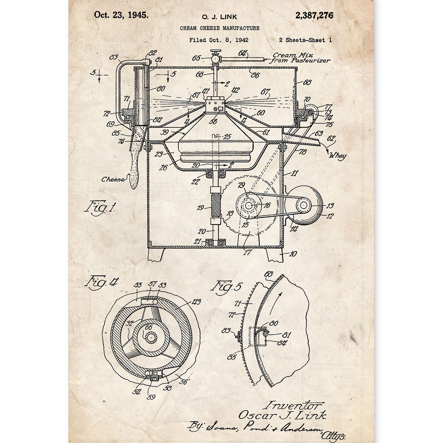 Poster con patente de Maquina para crema de queso. Lámina con diseño de patente antigua.-Artwork-Nacnic-A4-Sin marco-Nacnic Estudio SL