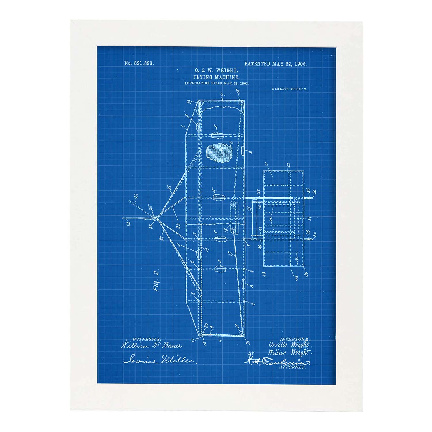 Poster con patente de Maquina voladora 2. Lámina con diseño de patente antigua-Artwork-Nacnic-A3-Marco Blanco-Nacnic Estudio SL
