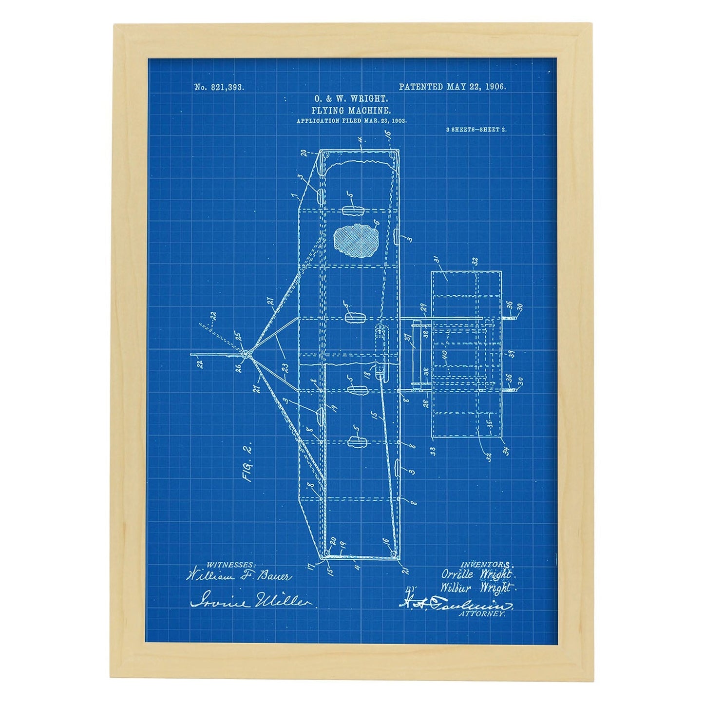 Poster con patente de Maquina voladora 2. Lámina con diseño de patente antigua-Artwork-Nacnic-A3-Marco Madera clara-Nacnic Estudio SL