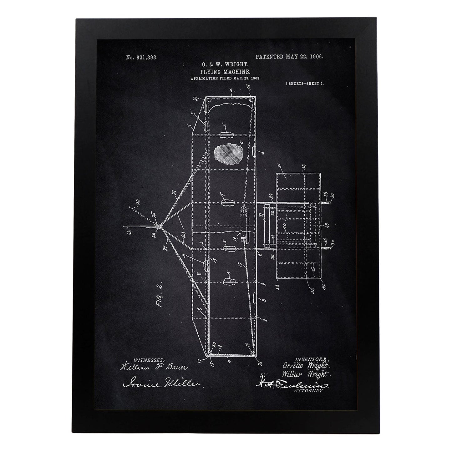 Poster con patente de Maquina voladora 2. Lámina con diseño de patente antigua-Artwork-Nacnic-A3-Marco Negro-Nacnic Estudio SL