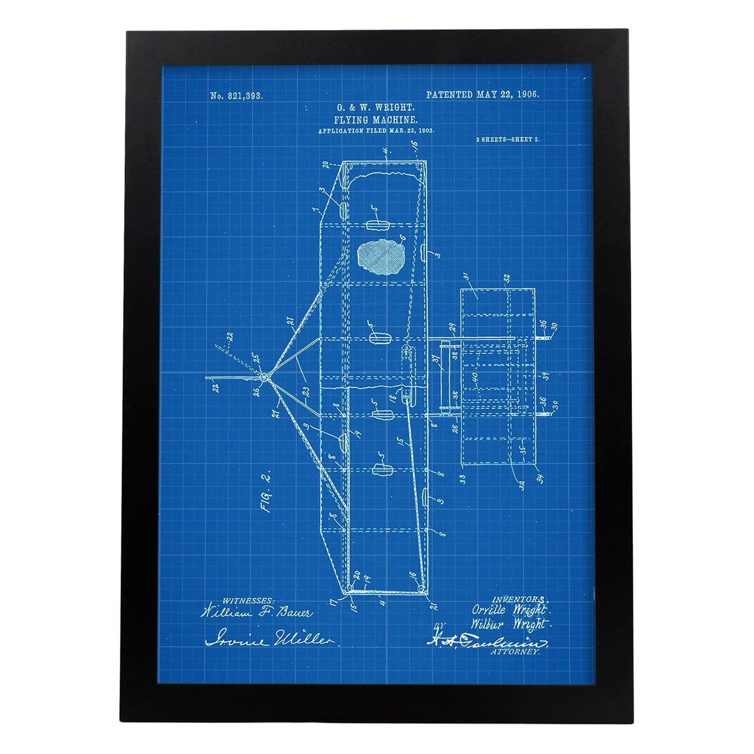 Poster con patente de Maquina voladora 2. Lámina con diseño de patente antigua-Artwork-Nacnic-A3-Marco Negro-Nacnic Estudio SL
