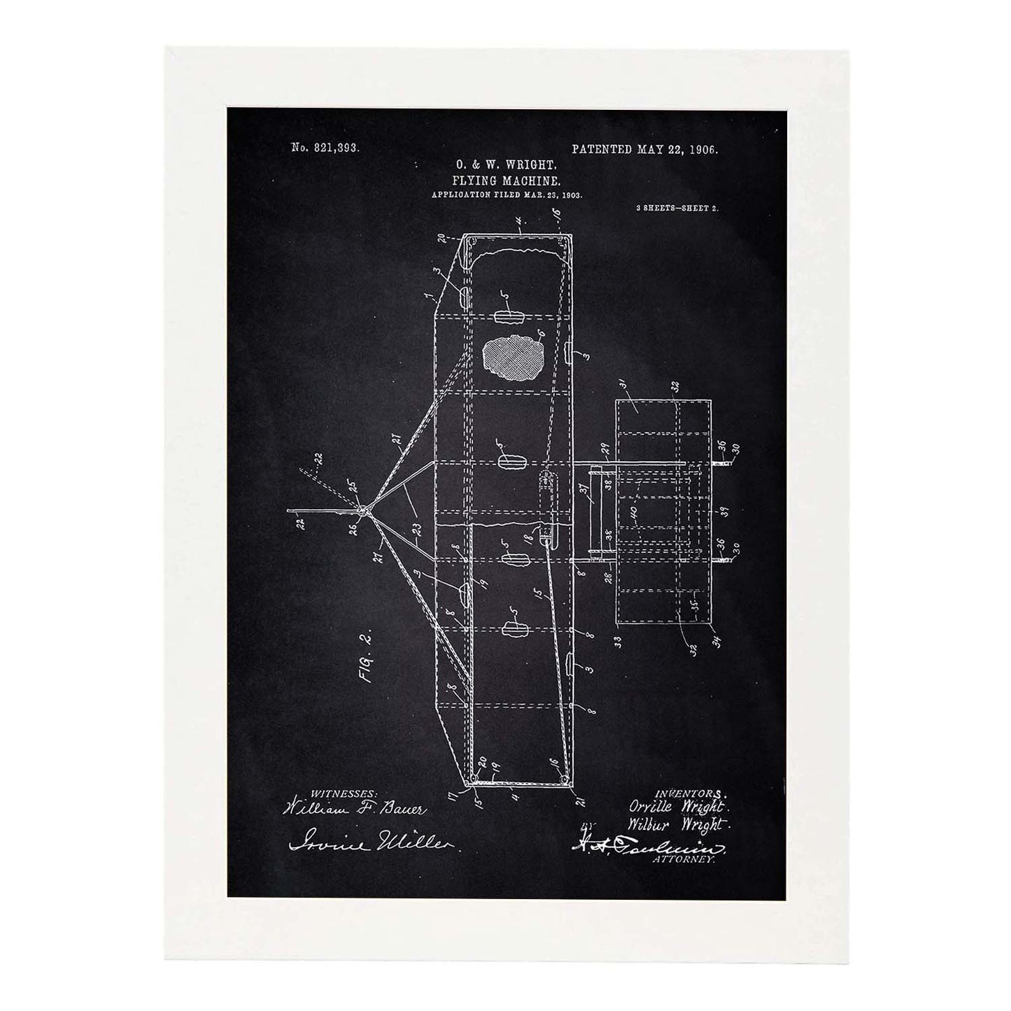 Poster con patente de Maquina voladora 2. Lámina con diseño de patente antigua-Artwork-Nacnic-A4-Marco Blanco-Nacnic Estudio SL