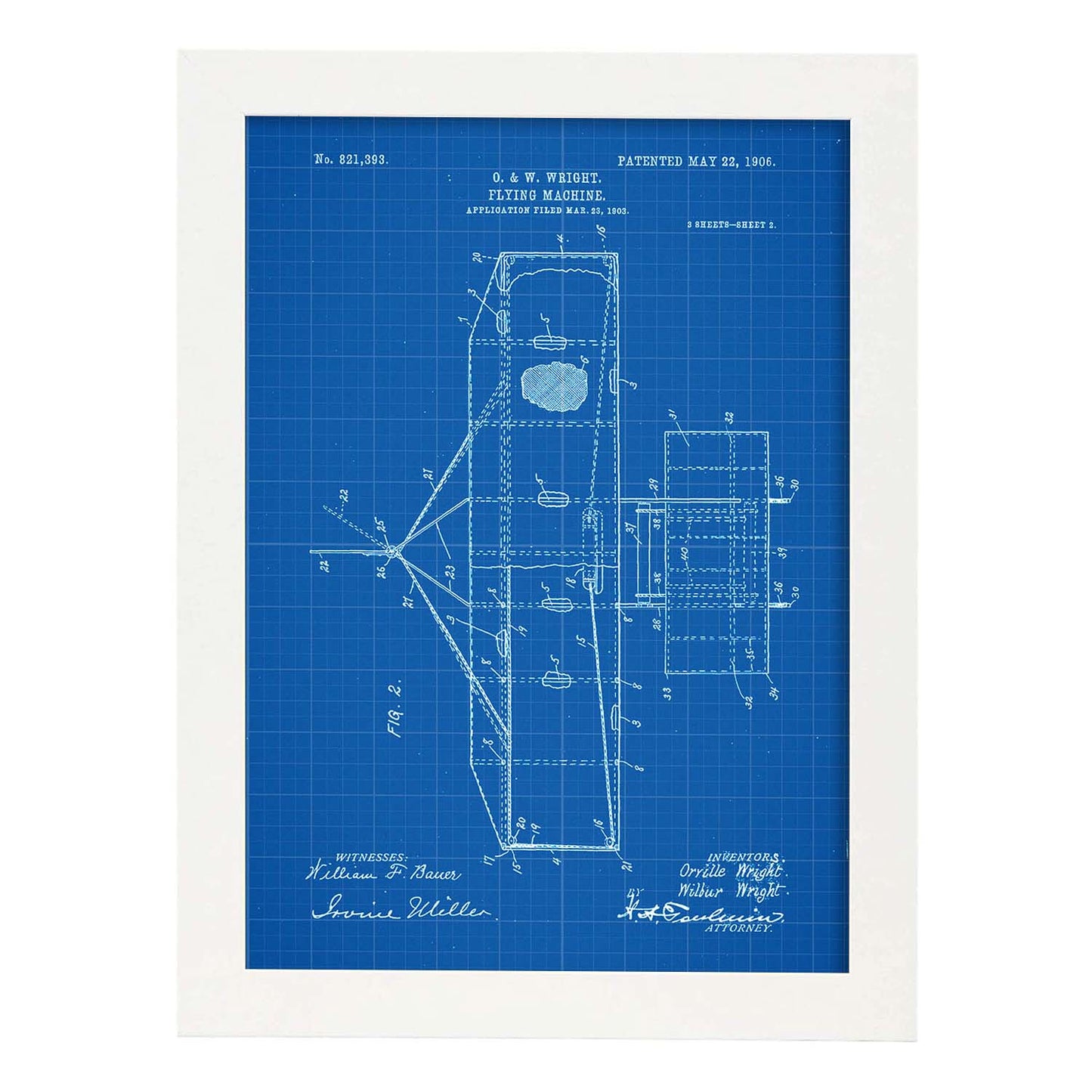Poster con patente de Maquina voladora 2. Lámina con diseño de patente antigua-Artwork-Nacnic-A4-Marco Blanco-Nacnic Estudio SL