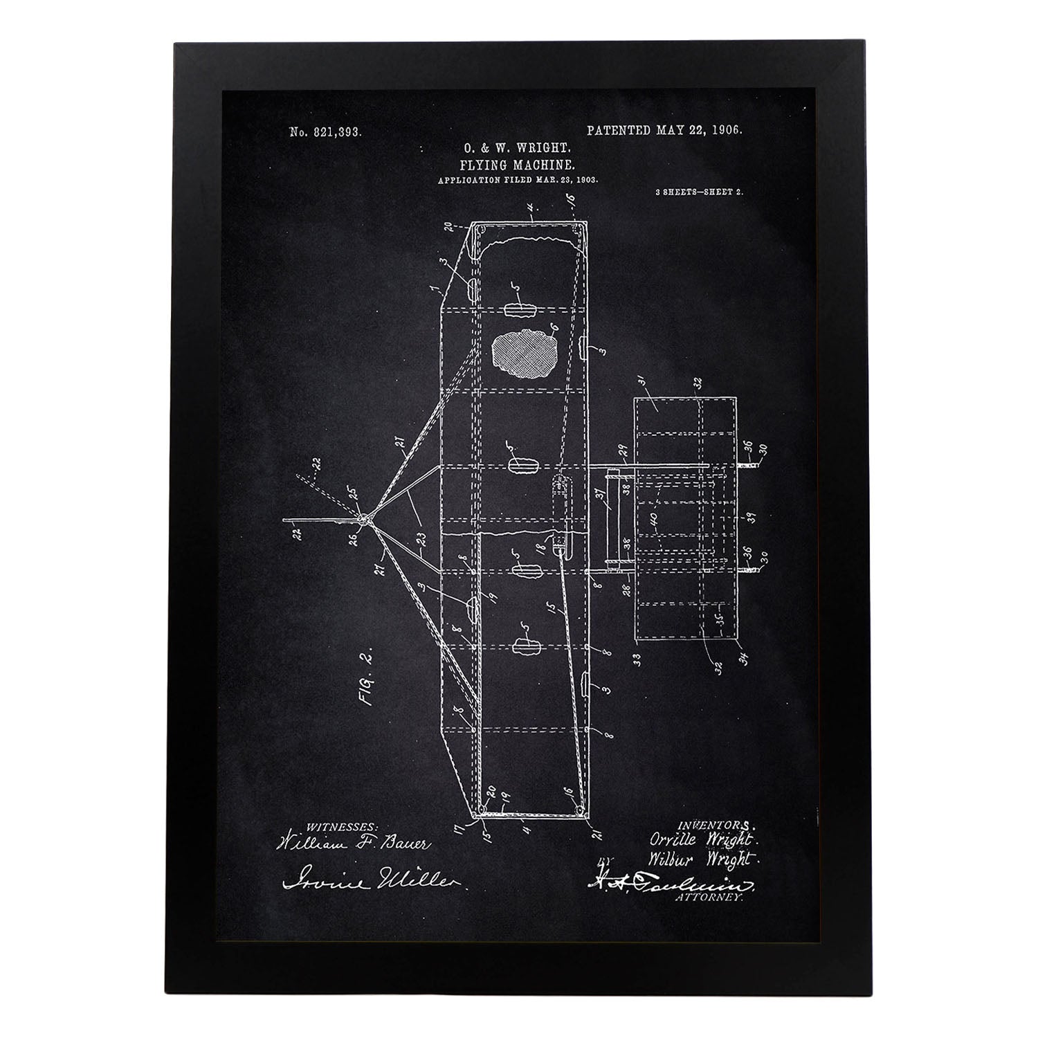 Poster con patente de Maquina voladora 2. Lámina con diseño de patente antigua-Artwork-Nacnic-A4-Marco Negro-Nacnic Estudio SL