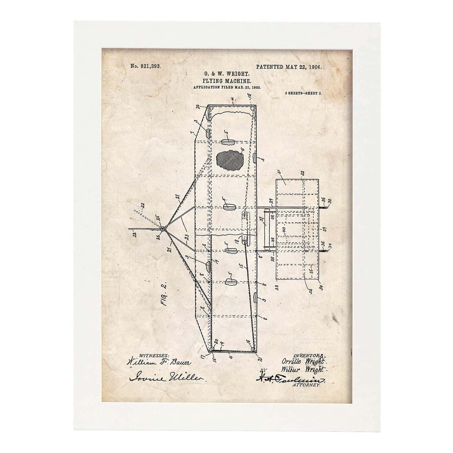 Poster con patente de Maquina voladora 2. Lámina con diseño de patente antigua.-Artwork-Nacnic-A3-Marco Blanco-Nacnic Estudio SL