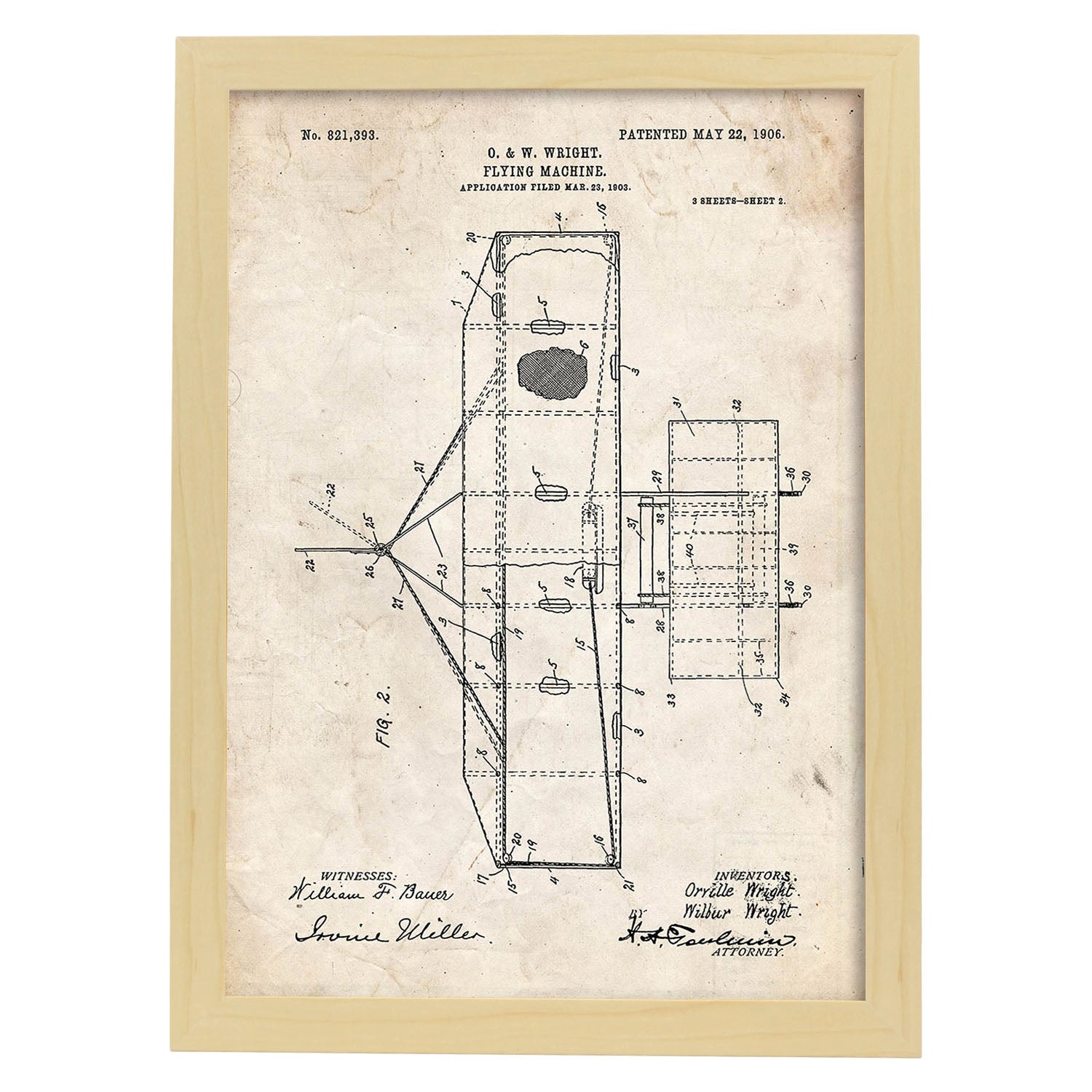 Poster con patente de Maquina voladora 2. Lámina con diseño de patente antigua.-Artwork-Nacnic-A3-Marco Madera clara-Nacnic Estudio SL