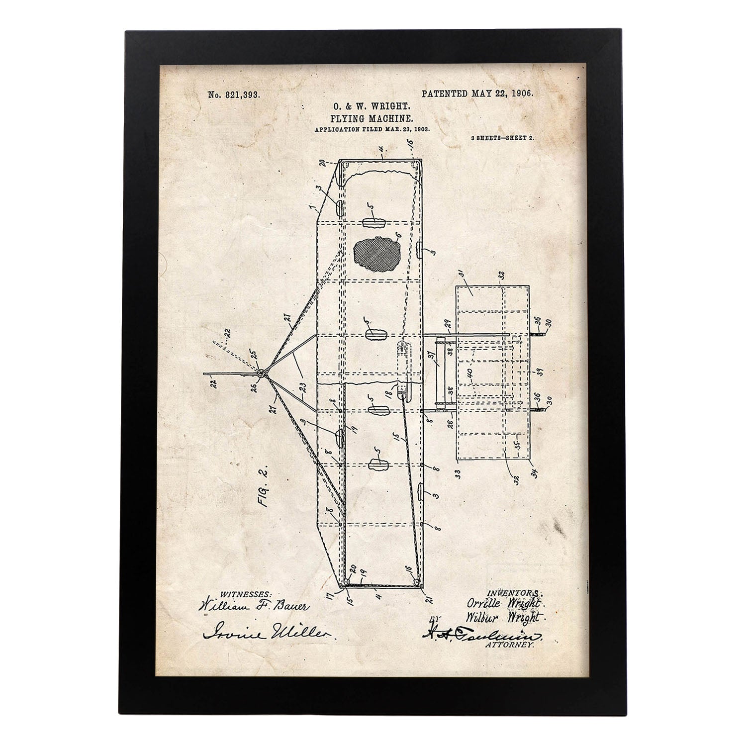Poster con patente de Maquina voladora 2. Lámina con diseño de patente antigua.-Artwork-Nacnic-A3-Marco Negro-Nacnic Estudio SL