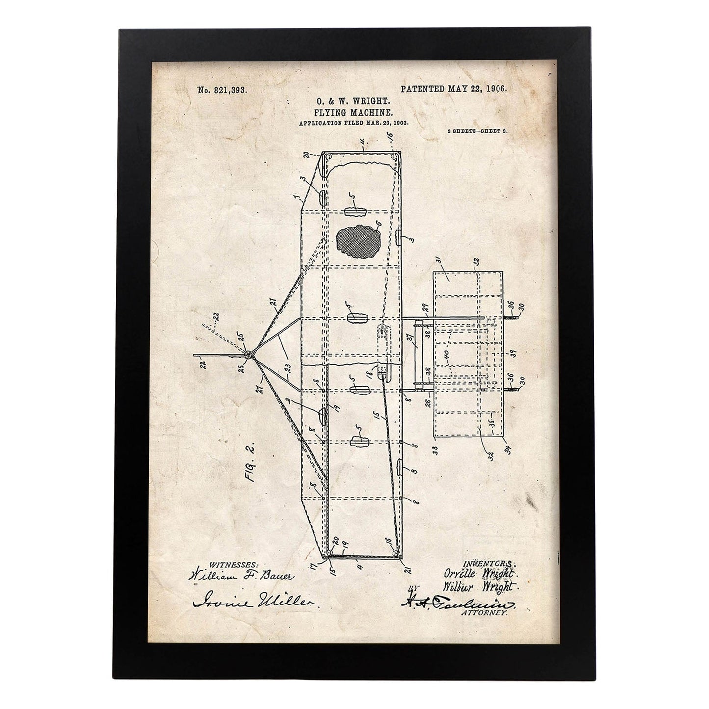 Poster con patente de Maquina voladora 2. Lámina con diseño de patente antigua.-Artwork-Nacnic-A4-Marco Negro-Nacnic Estudio SL