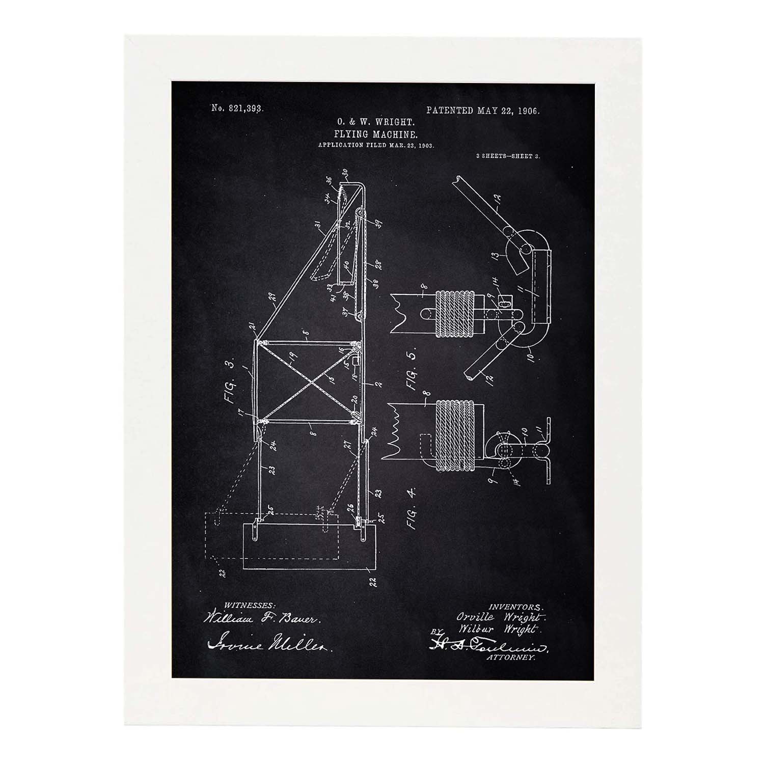 Poster con patente de Maquina voladora 3. Lámina con diseño de patente antigua-Artwork-Nacnic-A3-Marco Blanco-Nacnic Estudio SL