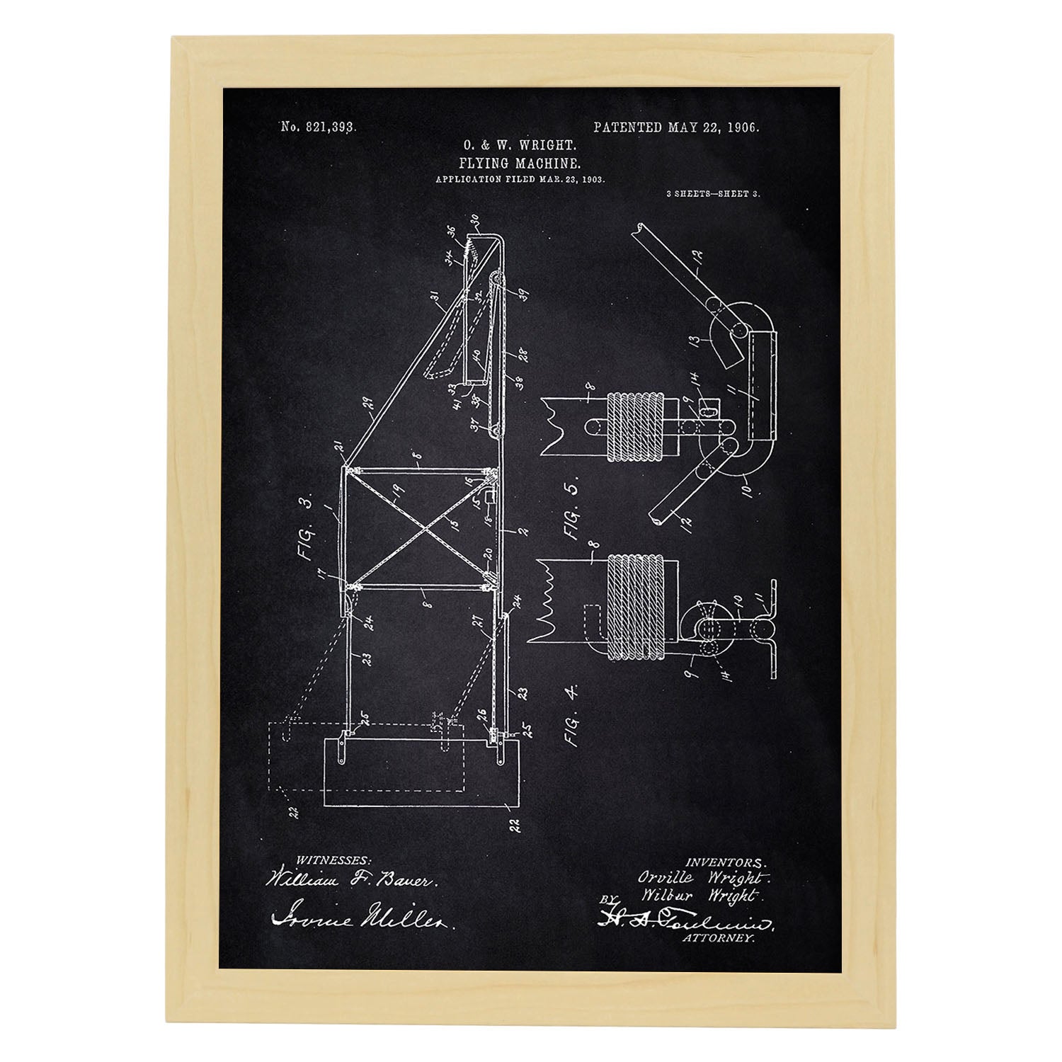 Poster con patente de Maquina voladora 3. Lámina con diseño de patente antigua-Artwork-Nacnic-A3-Marco Madera clara-Nacnic Estudio SL