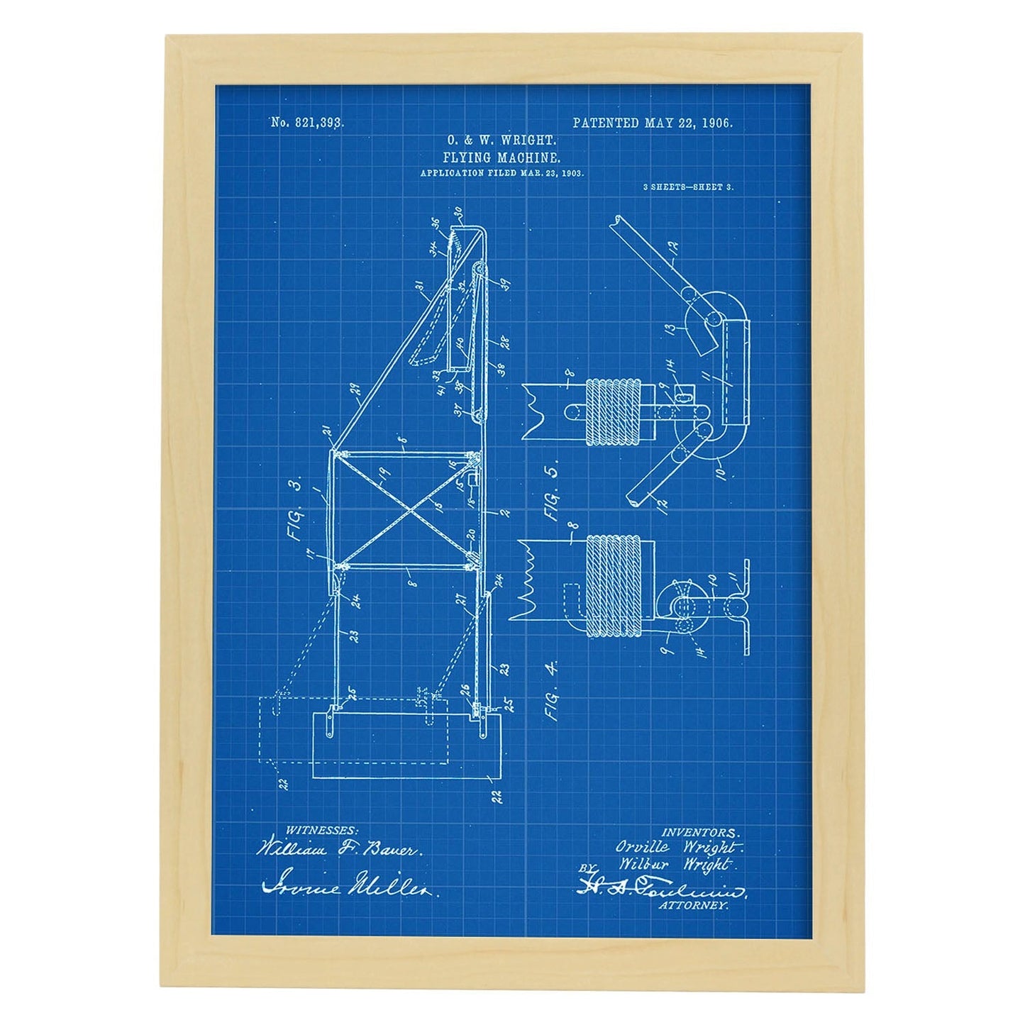 Poster con patente de Maquina voladora 3. Lámina con diseño de patente antigua-Artwork-Nacnic-A3-Marco Madera clara-Nacnic Estudio SL