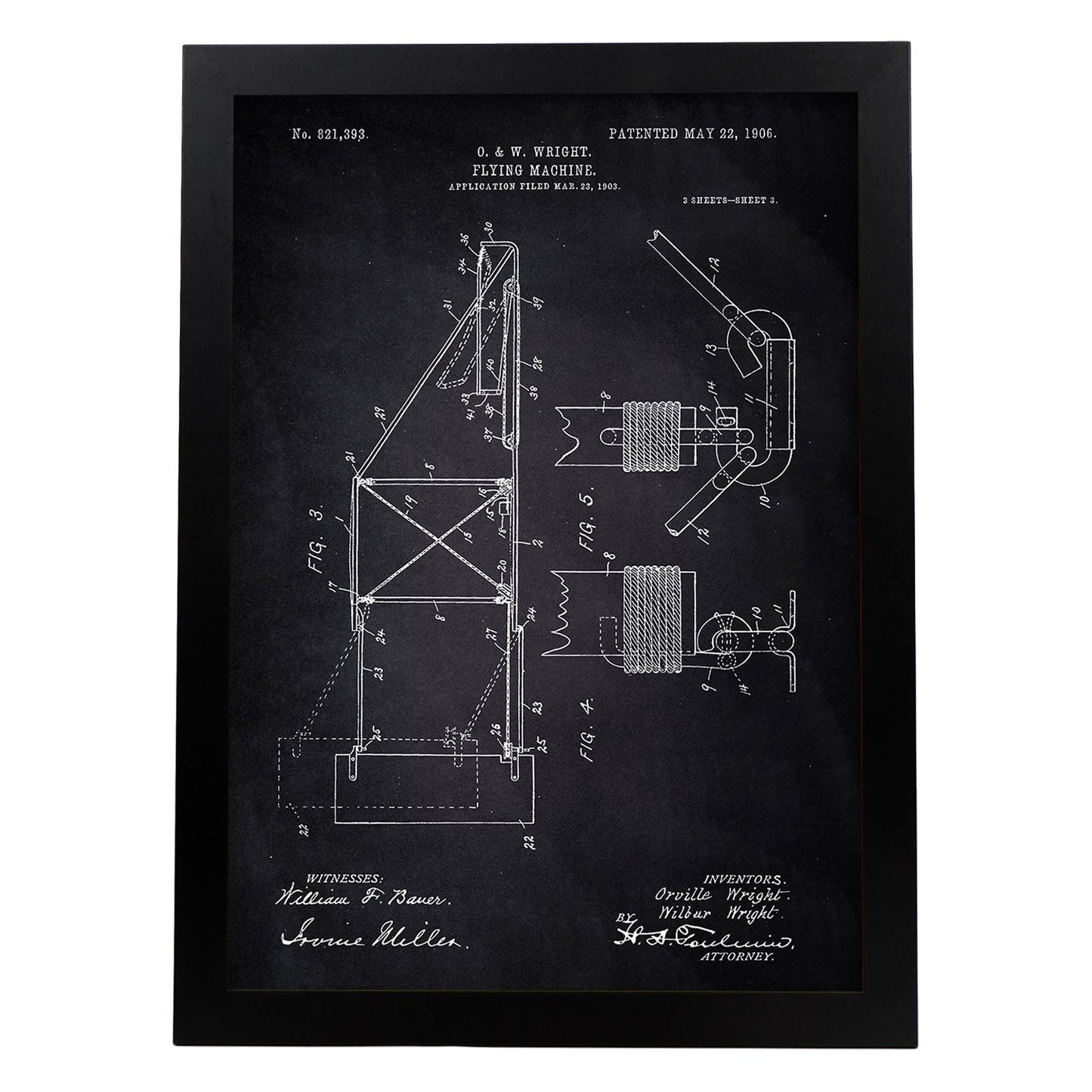Poster con patente de Maquina voladora 3. Lámina con diseño de patente antigua-Artwork-Nacnic-A3-Marco Negro-Nacnic Estudio SL