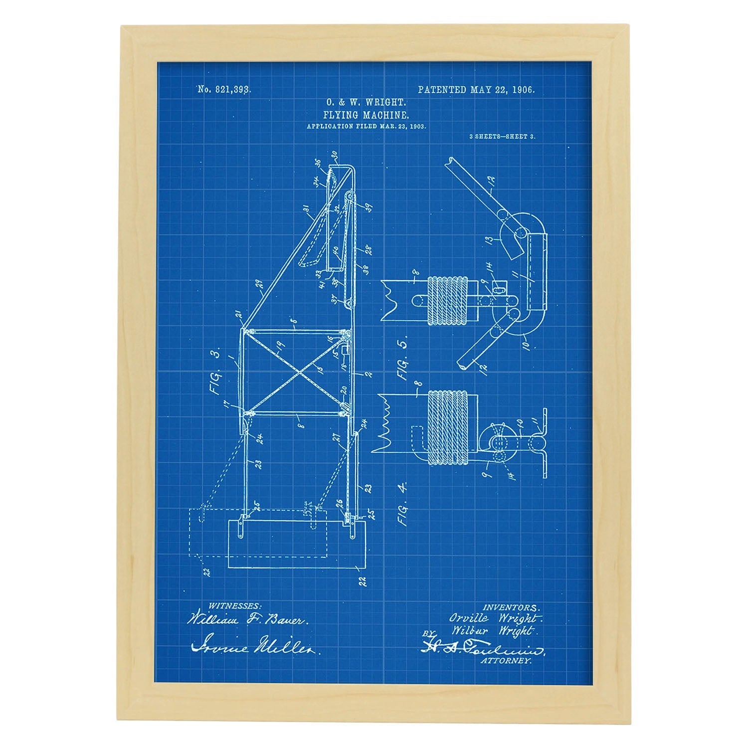 Poster con patente de Maquina voladora 3. Lámina con diseño de patente antigua-Artwork-Nacnic-A4-Marco Madera clara-Nacnic Estudio SL