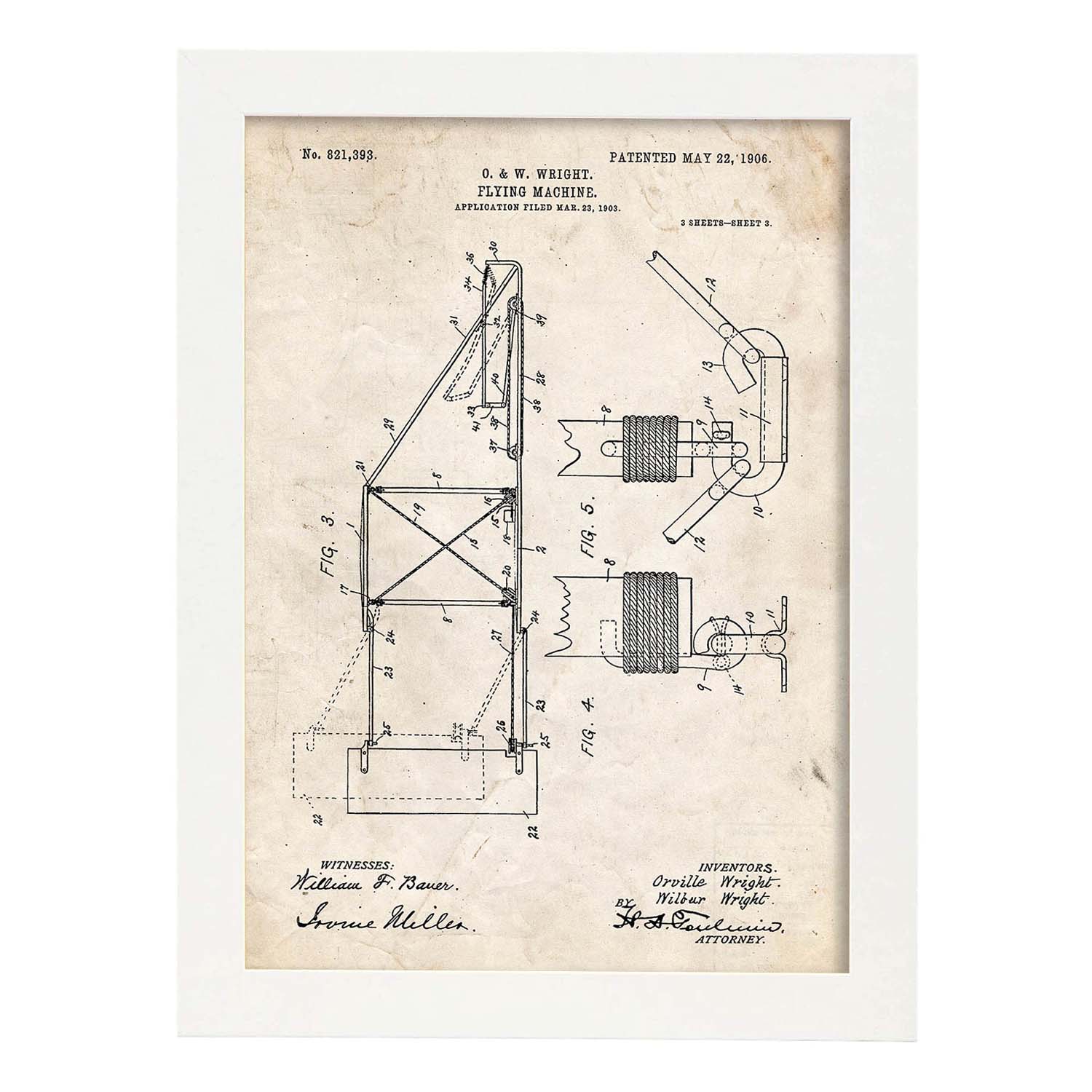 Poster con patente de Maquina voladora 3. Lámina con diseño de patente antigua.-Artwork-Nacnic-A3-Marco Blanco-Nacnic Estudio SL