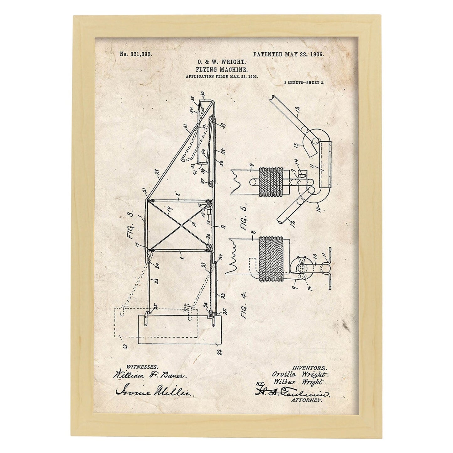Poster con patente de Maquina voladora 3. Lámina con diseño de patente antigua.-Artwork-Nacnic-A3-Marco Madera clara-Nacnic Estudio SL