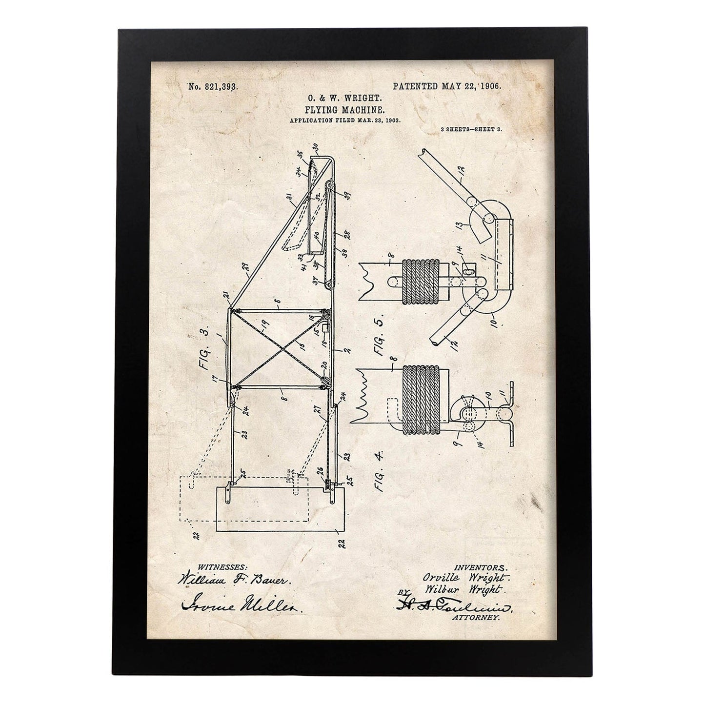 Poster con patente de Maquina voladora 3. Lámina con diseño de patente antigua.-Artwork-Nacnic-A3-Marco Negro-Nacnic Estudio SL