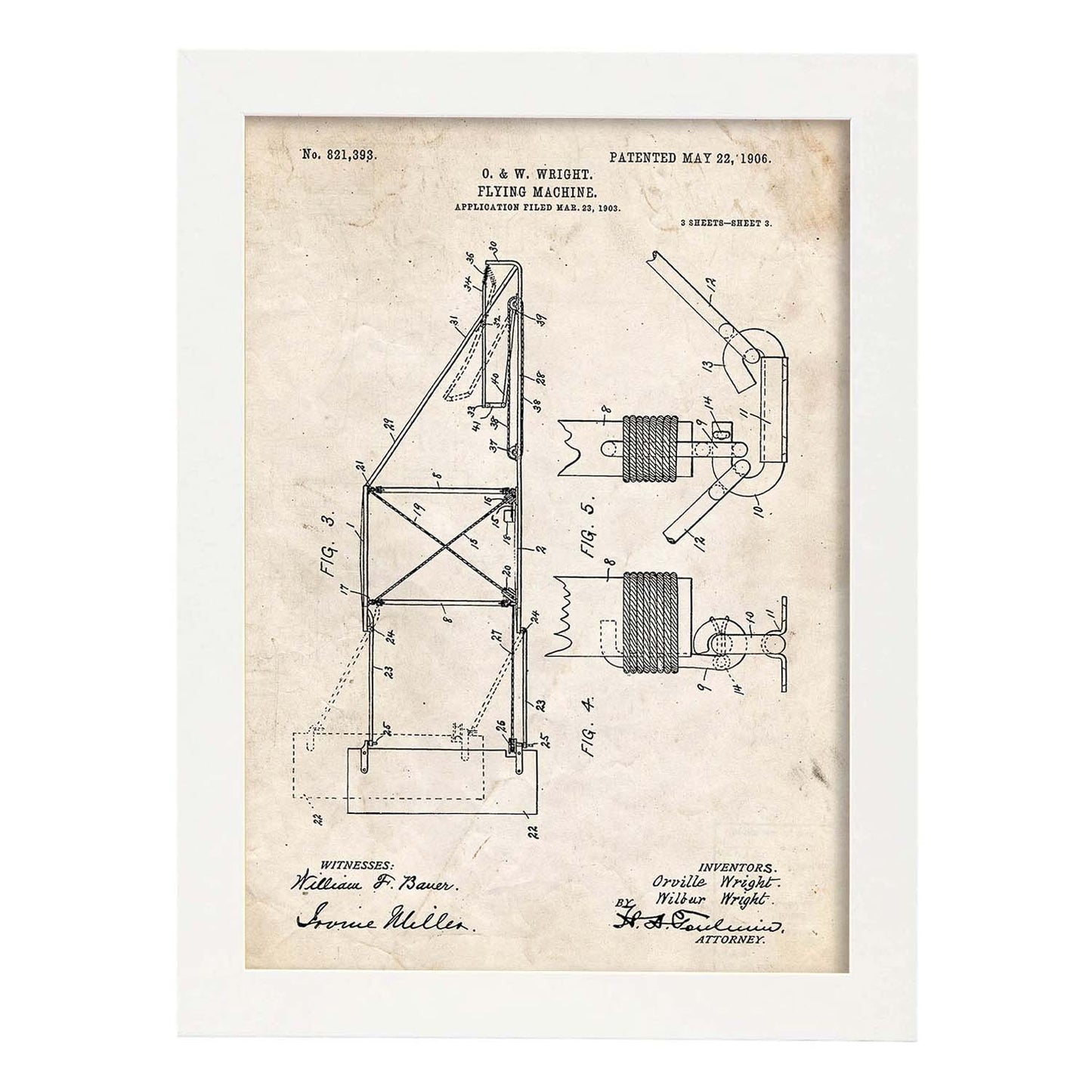 Poster con patente de Maquina voladora 3. Lámina con diseño de patente antigua.-Artwork-Nacnic-A4-Marco Blanco-Nacnic Estudio SL
