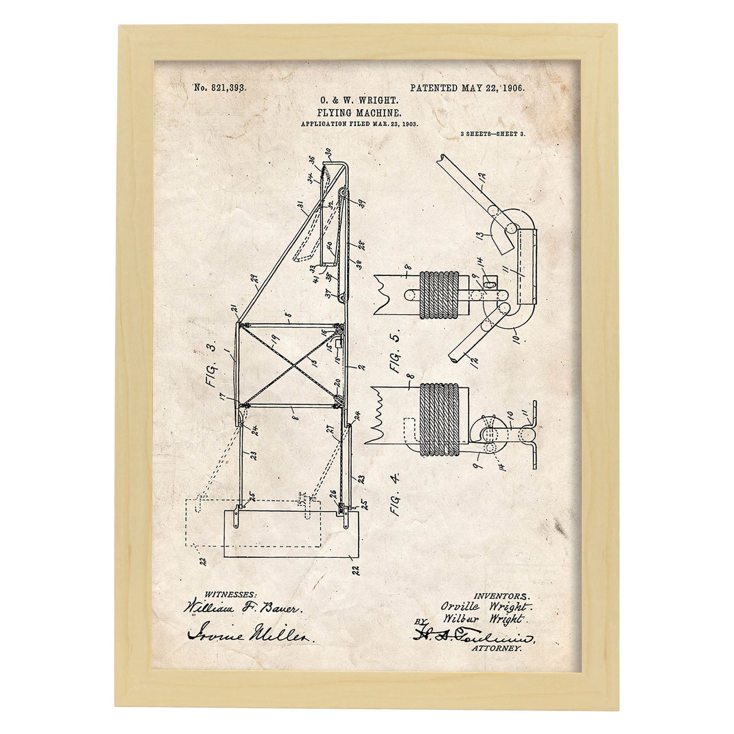 Poster con patente de Maquina voladora 3. Lámina con diseño de patente antigua.-Artwork-Nacnic-A4-Marco Madera clara-Nacnic Estudio SL