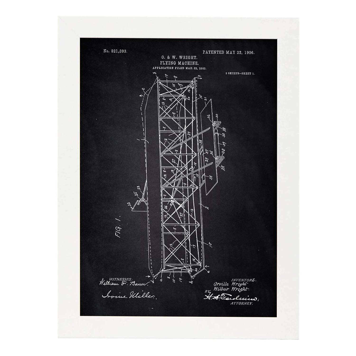 Poster con patente de Maquina voladora 4. Lámina con diseño de patente antigua-Artwork-Nacnic-A3-Marco Blanco-Nacnic Estudio SL