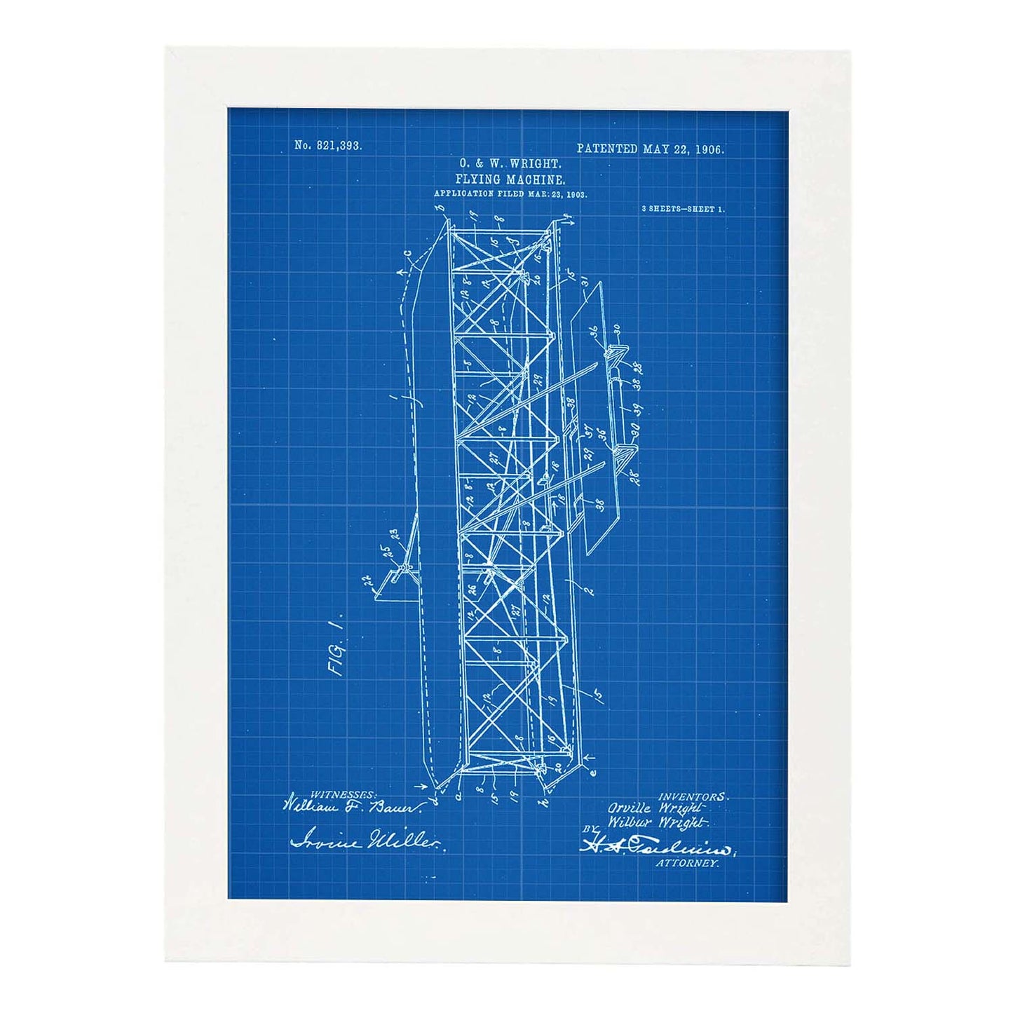 Poster con patente de Maquina voladora 4. Lámina con diseño de patente antigua-Artwork-Nacnic-A3-Marco Blanco-Nacnic Estudio SL