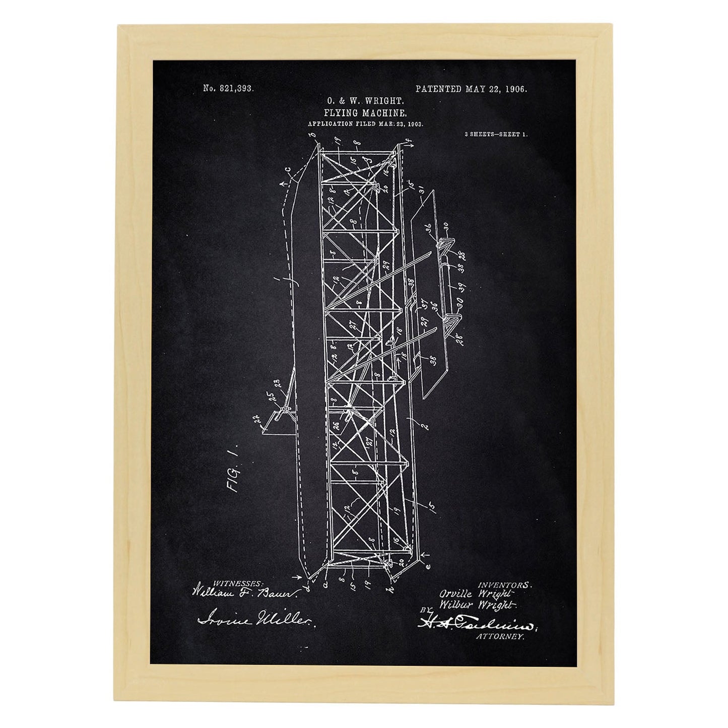 Poster con patente de Maquina voladora 4. Lámina con diseño de patente antigua-Artwork-Nacnic-A3-Marco Madera clara-Nacnic Estudio SL