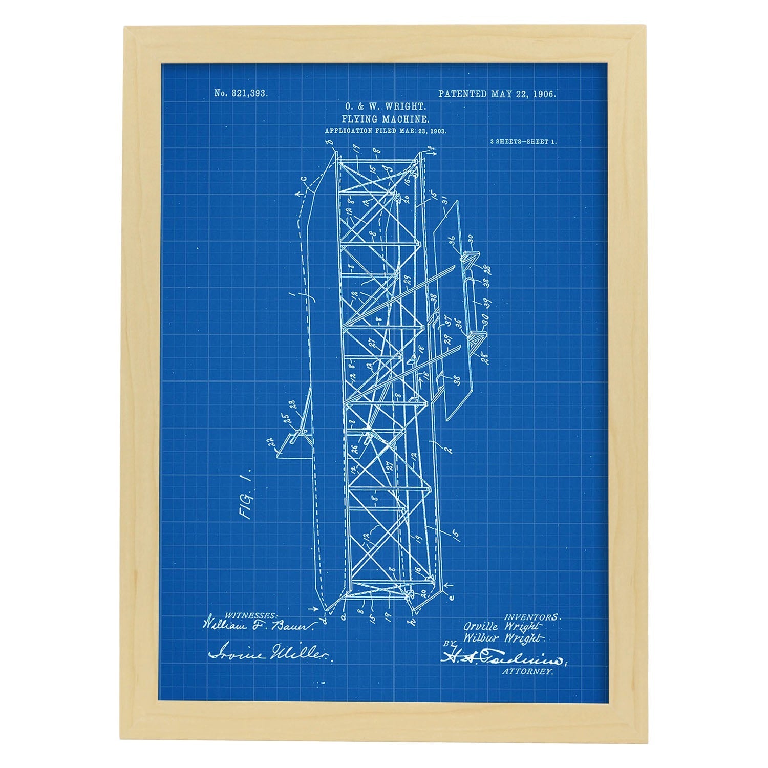 Poster con patente de Maquina voladora 4. Lámina con diseño de patente antigua-Artwork-Nacnic-A3-Marco Madera clara-Nacnic Estudio SL