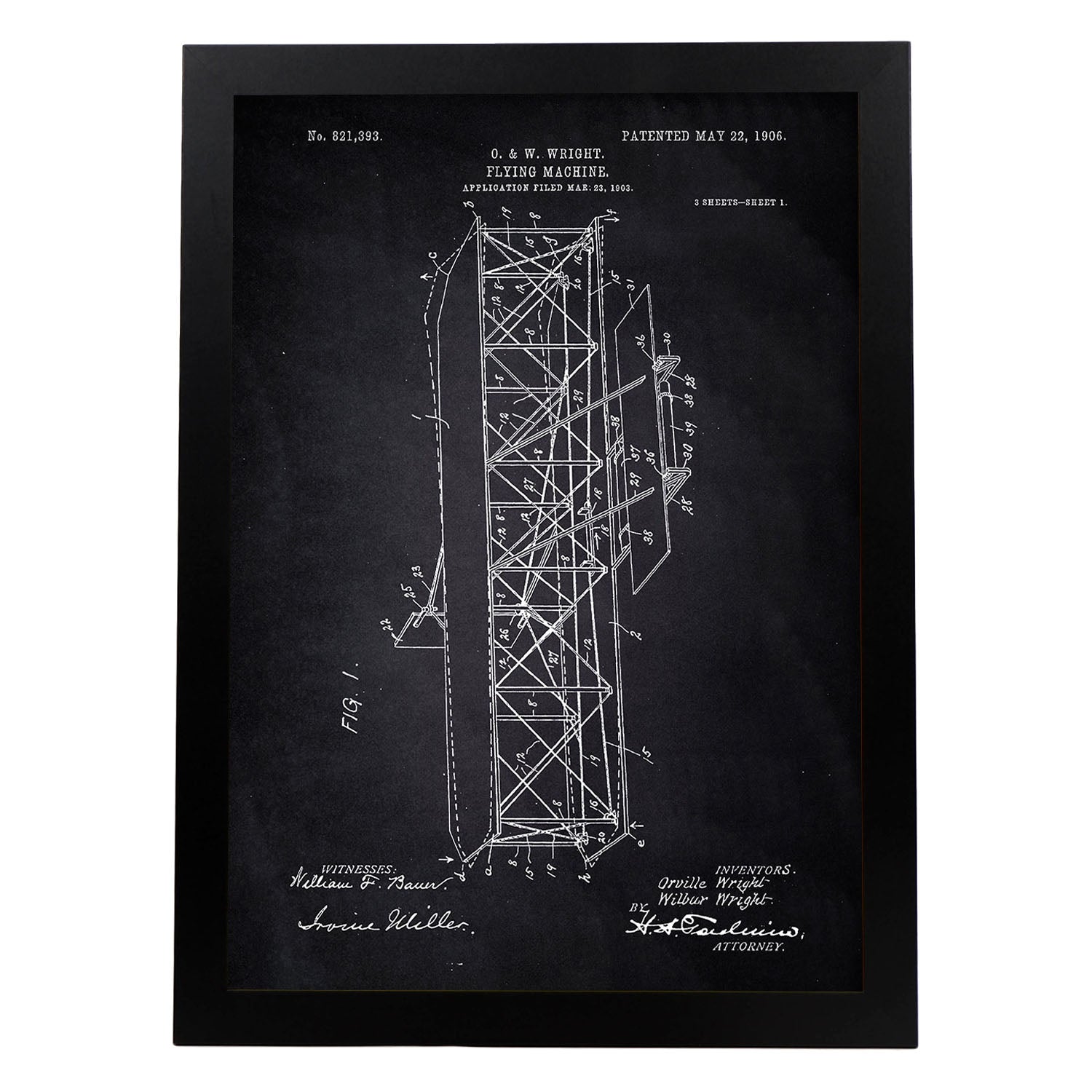 Poster con patente de Maquina voladora 4. Lámina con diseño de patente antigua-Artwork-Nacnic-A3-Marco Negro-Nacnic Estudio SL