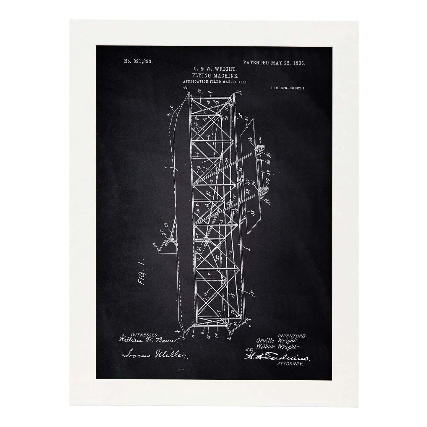 Poster con patente de Maquina voladora 4. Lámina con diseño de patente antigua-Artwork-Nacnic-A4-Marco Blanco-Nacnic Estudio SL